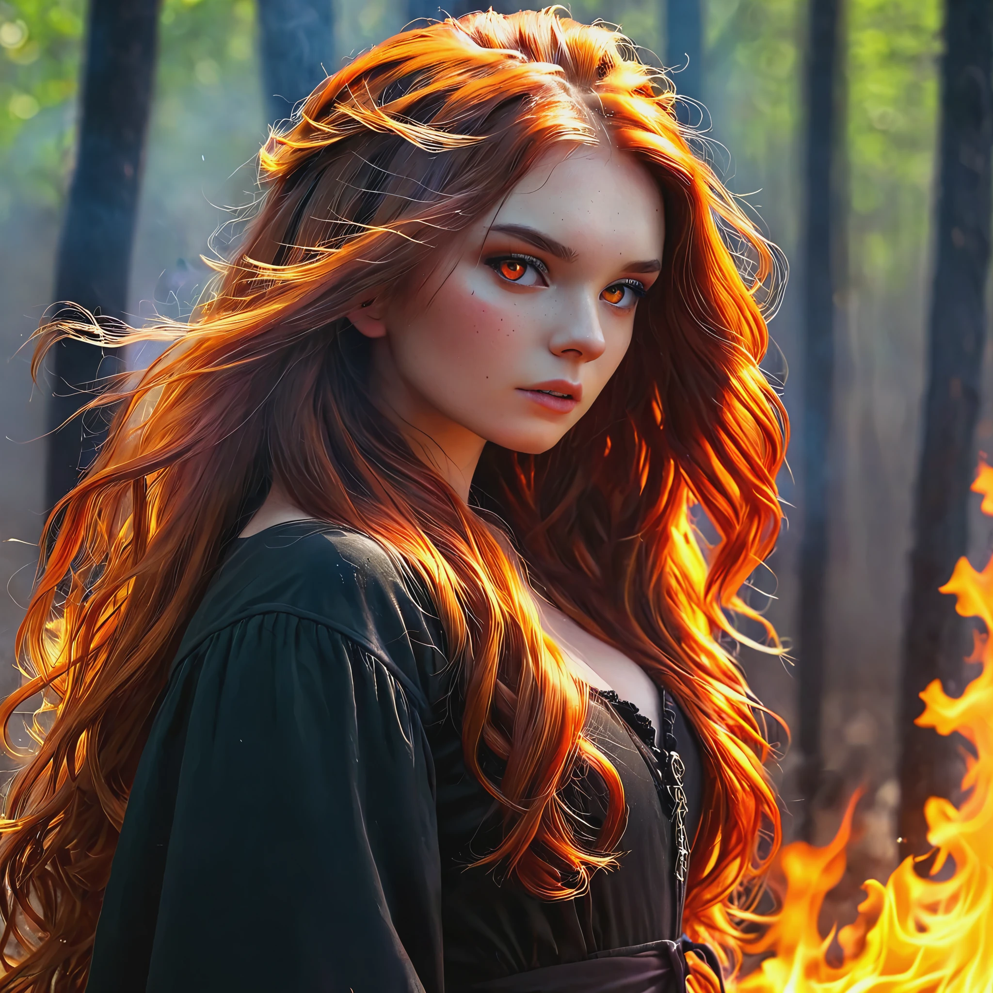 Girl with long hair, witch burned by fire