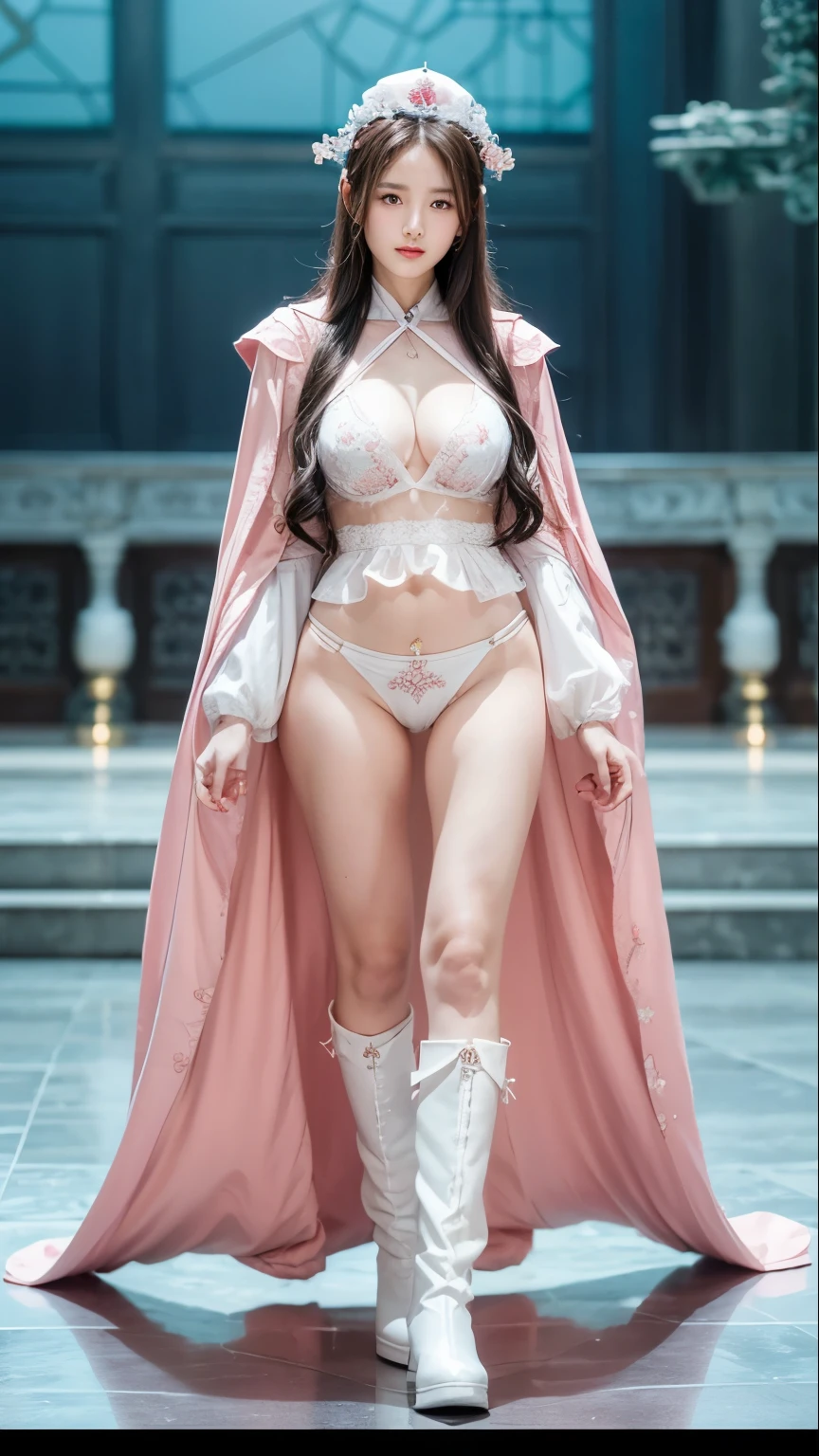 beautiful and delicate woman,The details of the eyes and face are very rich, exquisite eyes, super detailed, High resolution, The content is very detailed,best quality,EnLightenment,Unite,8k wallpaper,masterpiece,best quality,imagine，1 girl，China costume, Wear sexy white bikini armor，metal style, big breasts, high-cut underwear, 盔甲有圖案metal style的, Big red priest cloak，priest hat，standing posture，long legs，Put on pink blue and white boots，look at the audience，Face the audience，flowing long hair，Surreal 8000g，Impeccable，masterpiece，professional artwork，famous artwork，Light，movie bloom，perfect face，pretty face，fantasy，Dreamy and magical，not real，intricate details，Exquisite pattern…Korean woman’s face