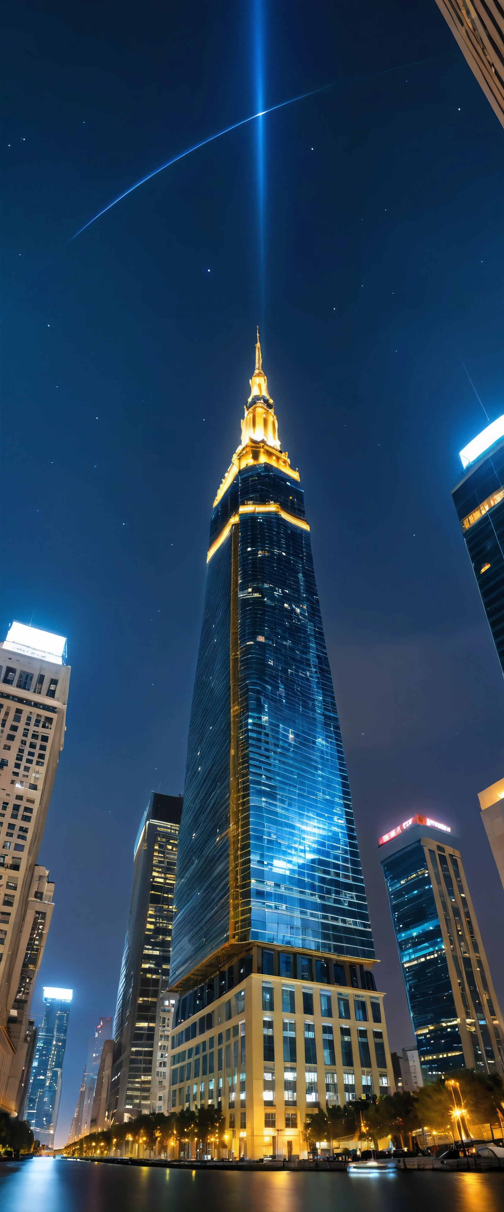 Extreme low-angle views of close up architecutral photography with the subject of a Towering skysraper at night, City at night, city lights, asymmetric skyscraper, (ultra wide angle:1.5), ((fisheye lens photo):1.2), ((extreme-low-angle views):1.2), ((close up):1.1), ((architectural photography):1.1), ((sense of extreme height):1.1), highly detailed city light at night background, (clear night sky), Coexistence with the surrounding environment, extremely detailed background, beautiful landscape, extremely detailed, depth of field, best quality, masterpiece, high resolution, Hyperrealistic, 8K, top-view, high angle view, BlueColor Palette. 

Rendered in ultra-high definition with UHD and retina quality, this masterpiece ensures super detail. With a focus on high quality and accuracy, this award-winning portrayal captures every nuance in stunning 16k resolution, immersing viewers in its lifelike depiction. Avoid extreme angles or exaggerated expressions to maintain realism. 

((perfect_composition, perfect_design, perfect_layout, perfect_detail, ultra_detailed)), ((enhance_all, fix_everything)), More Detail, Enhance.