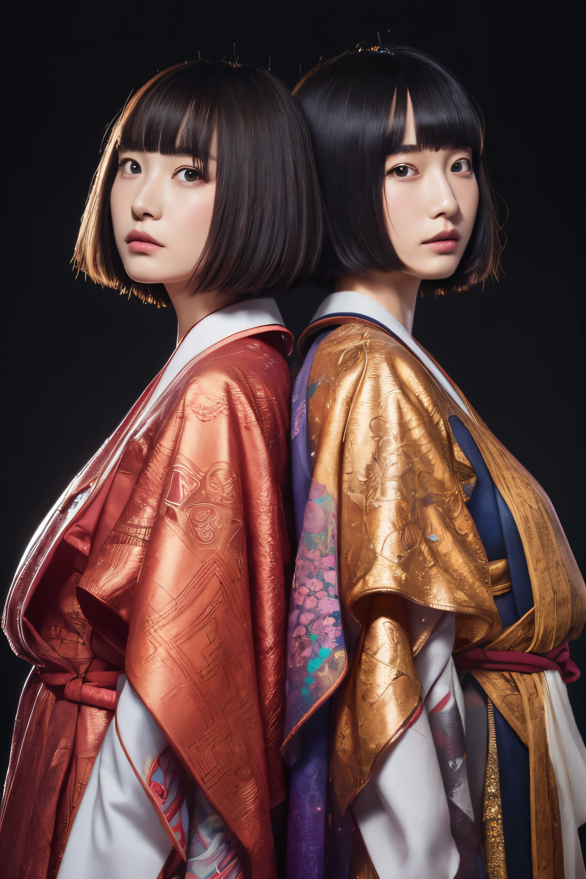 （girl chants magic）, (Himiko:1.2)、（realistic:1.4）、A woman wearing multiple layers all over her body、(Heavy metal armor made of orichalcum:1.2)、(Priestess clothing with complex shapes:1.2)、No underwear、sit on a chair with your legs spread apart、perfect anatomy、Shinto worldview、Detailed mandala background、glowing skin、nipple、small breasts、cup、Very Short Bob Cut Hair、art germ, Super detailed, art station triad&#39;s Intricate and detailed art of color trends, intricate details, 8K resolution