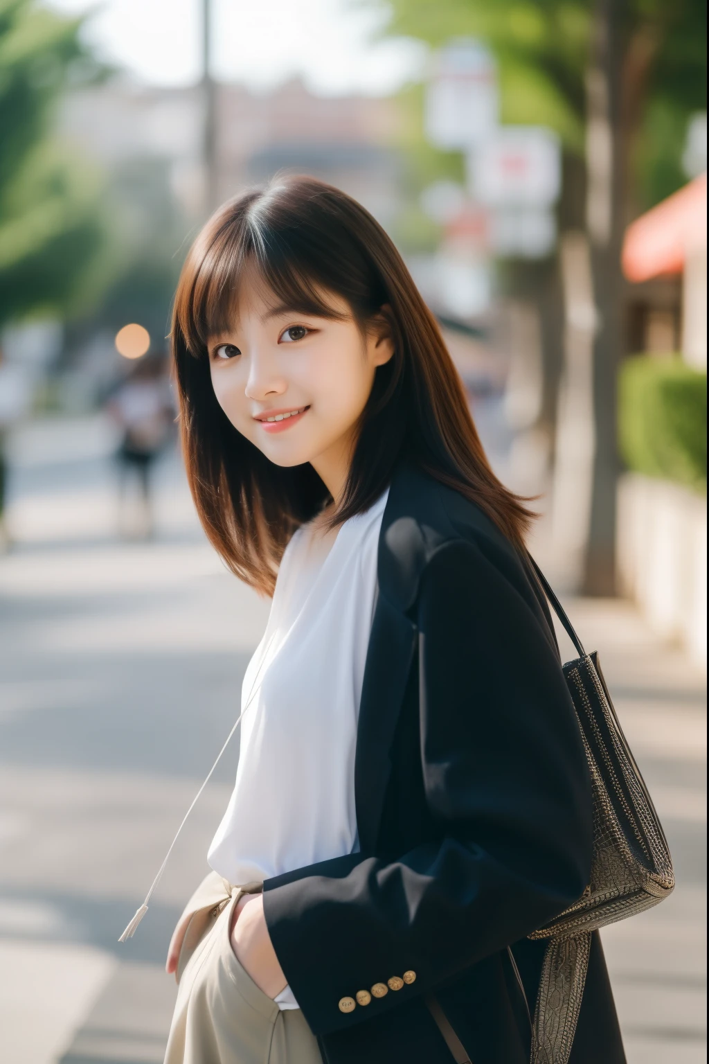 ulzzang-6500-v1.1,(masterpiece, highest quality:1.3), (Ultra-detailed 8K:1.2), (hyperrealistic:1.35),(Raw photo:1.2),High resolution, wallpaper,extreme intricate detail, ultra hd,
BREAK
1girl,smiling,casual fashion,black blazer,white T-shirt,khaki pants,crossbody bag,relaxed posture,natural makeup,cheerful atmosphere,hair blowing in the wind,soft daylight,urban background,