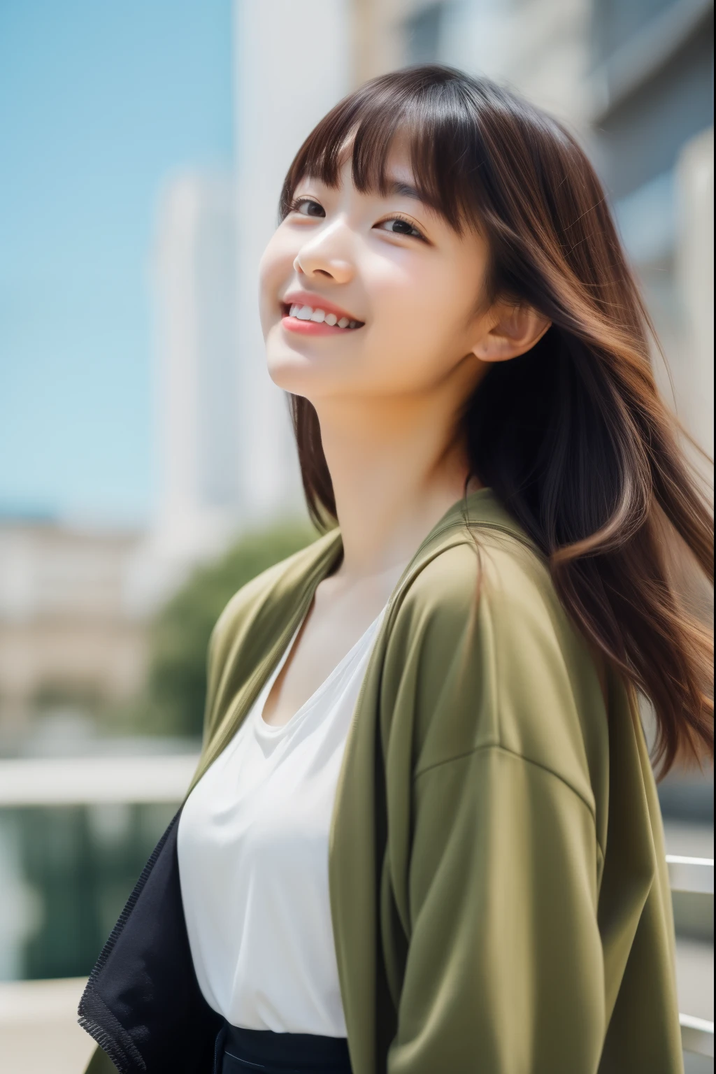 ulzzang-6500-v1.1,(masterpiece, highest quality:1.3), (Ultra-detailed 8K:1.2), (hyperrealistic:1.35),(Raw photo:1.2),High resolution, wallpaper,extreme intricate detail, ultra hd,
BREAK
1girl,smiling,casual fashion,black blazer,white T-shirt,khaki pants,crossbody bag,relaxed posture,natural makeup,cheerful atmosphere,hair blowing in the wind,soft daylight,urban background,