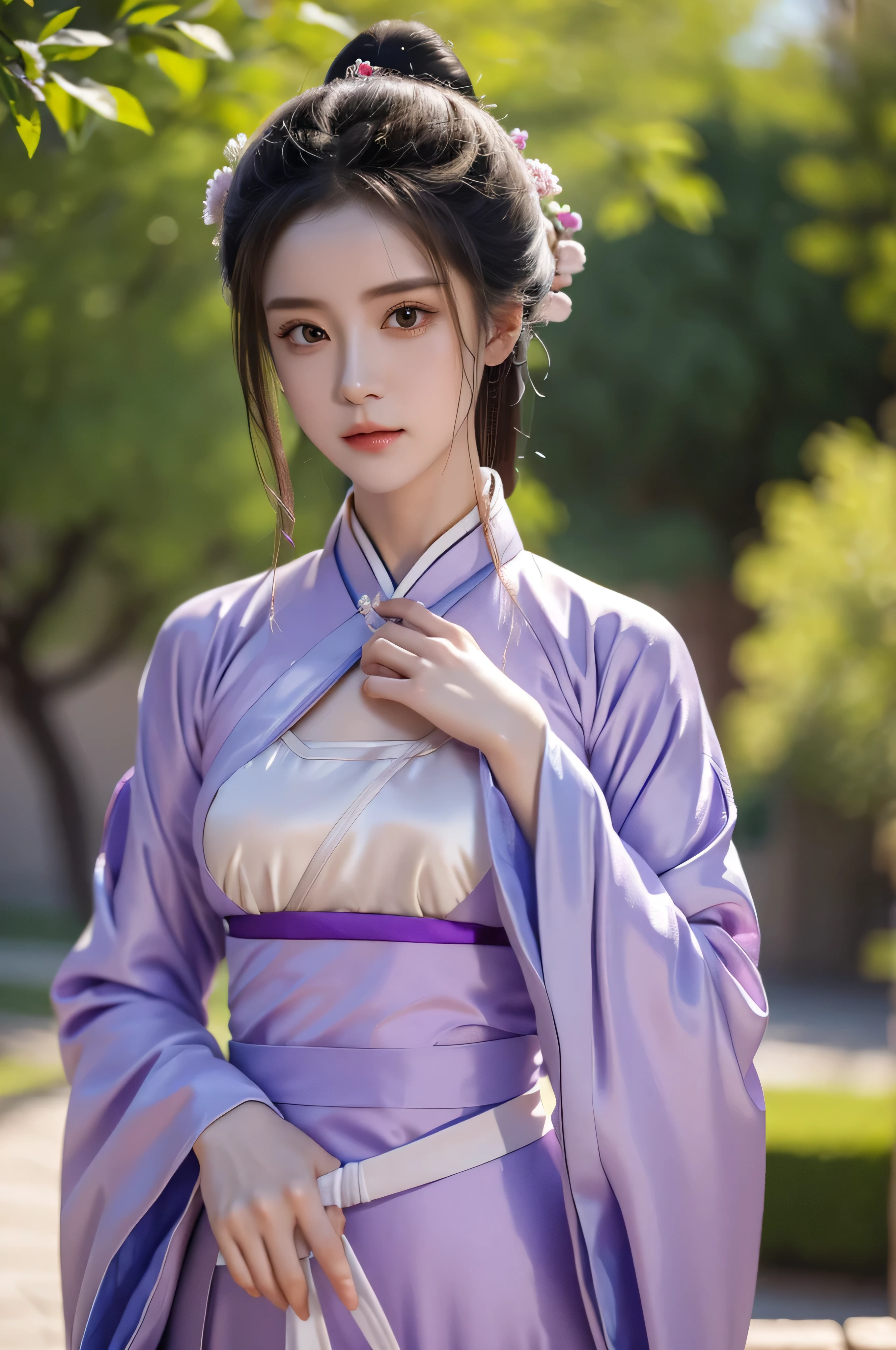 Fair, masterpiece, best quality, extremely detailed face,1 girl, alone，wrap your chest，Lilac Hanfu，whole body