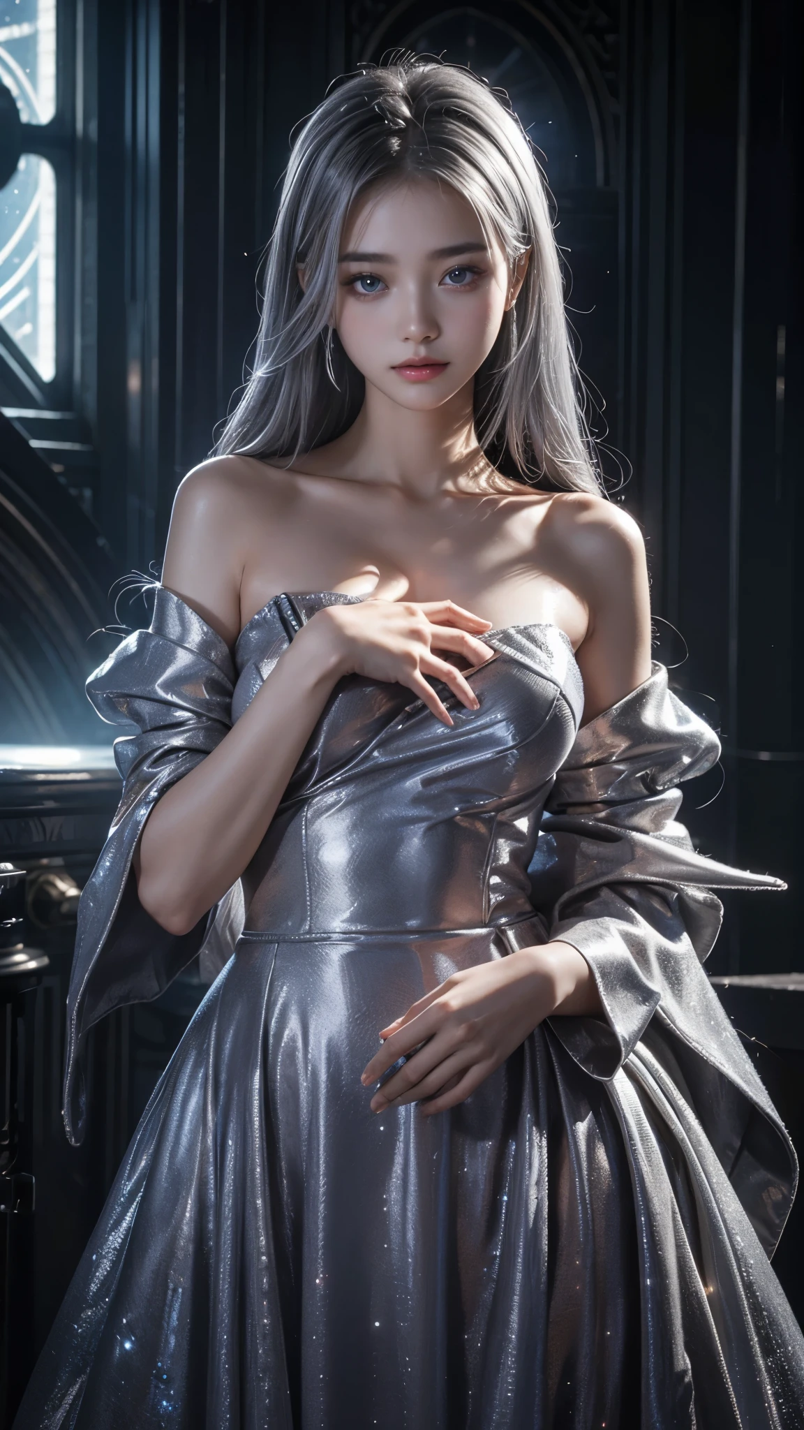 Full figure, seven -clinging shooting, 18 years old, wearing science fiction dress, exquisite faces, details, hands, ultimate details, amazing magnificence, LED internal lighting, Pedaipan style, fiber hair, glowing silver iris, glowing silver iris,