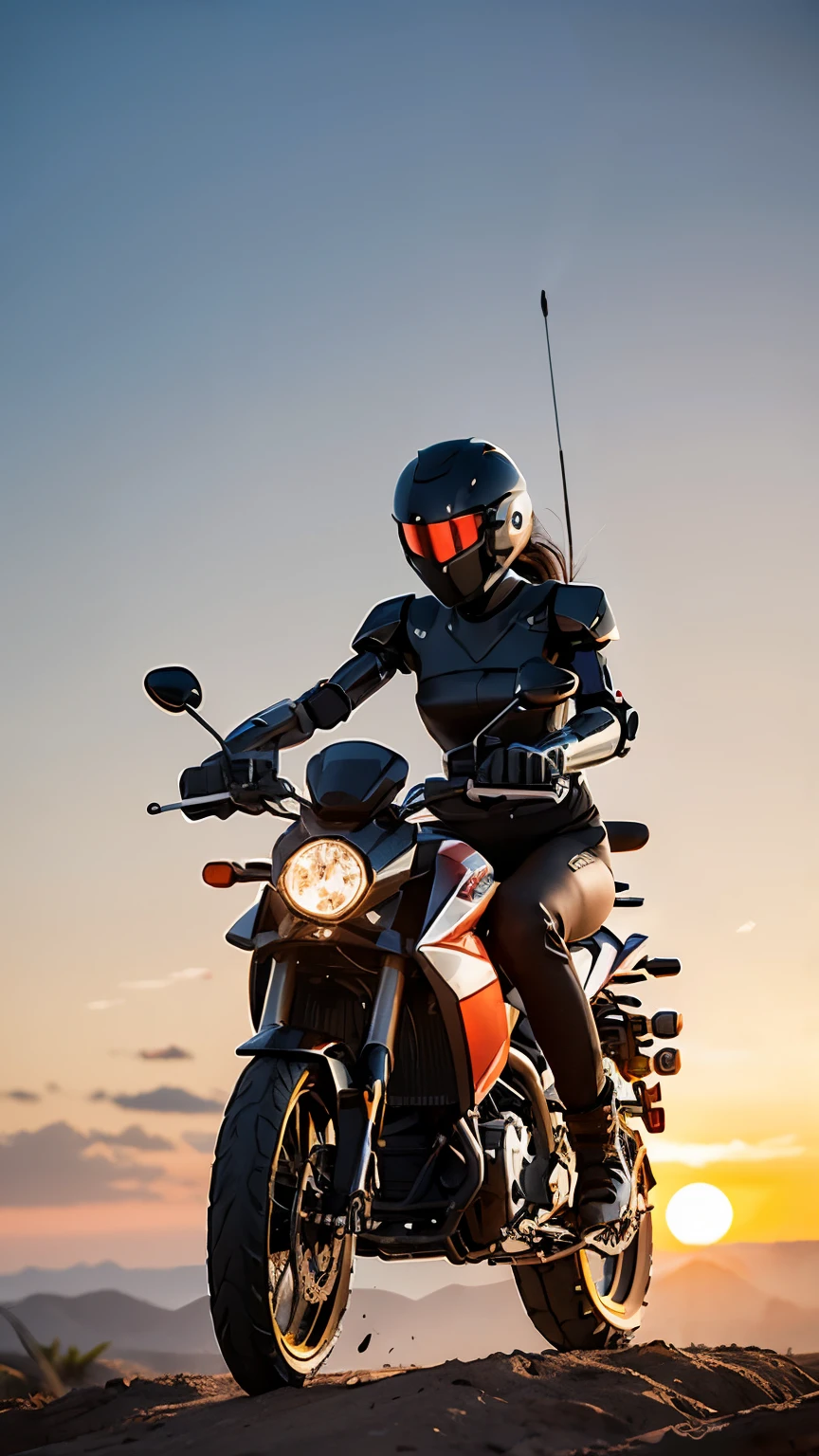 High quality, black iron puppet machine, female hero riding, fine machine riding, fine drawing, sunset background, glossy robot,
