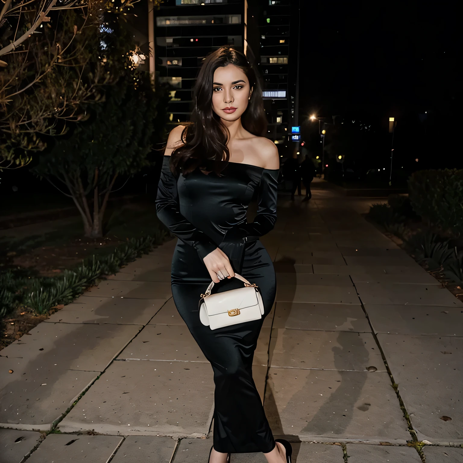 Araffe woman in black dress poses for a photo at night, full body length, wearing a tight Schwarzes Kleid, full body length shot, Schwarzes Kleid, an elegant woman in Schwarzes Kleid, she is wearing a Schwarzes Kleid, wearing a langes Kleid, in der Nacht aufgenommen, Schwarzes Kleid, langes Kleid, Enges Kleid, Wears an elegant outfit, Full-length recording