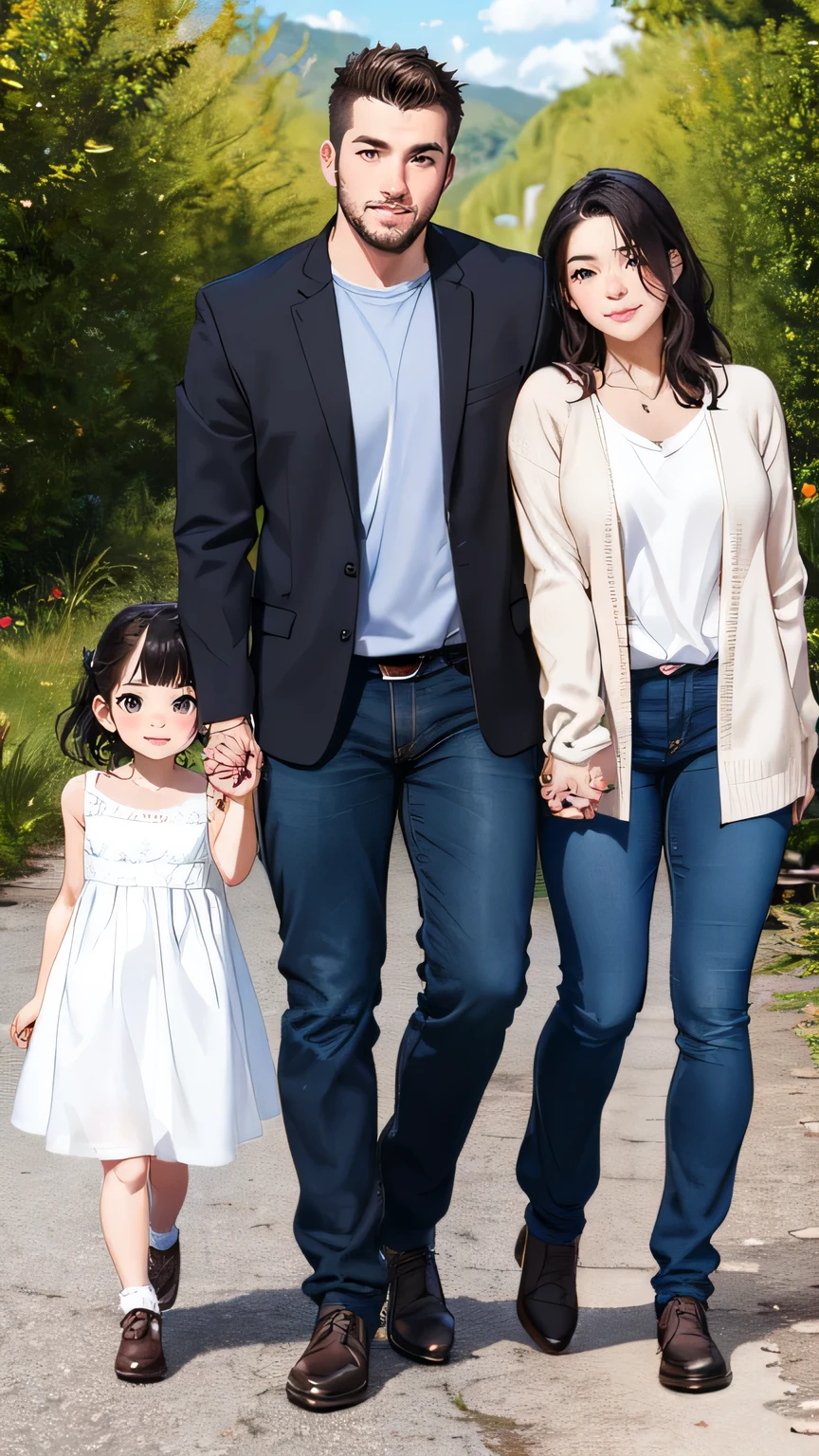 a man and woman holding hands while walking down a path with a , full body portrait shot, full body photograph, full body photgraph, full body photogenic shot, full body portrait, family photography, detailed full body portrait, full body photo, full body and head shot, full body realistic portrait, portrait full body, portrait of family of three