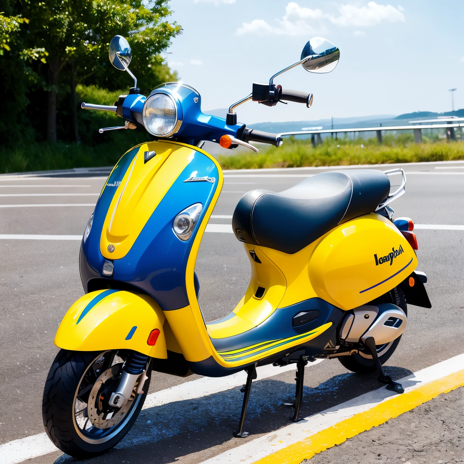 Create an image of a rainbow Vespa:
(masterpiece, best quality), 1 scooter, Vespa, beautifully colored rainbow hues, detailed metallic surfaces, (outdoor:1.5), sunny day, green leaves, blue sky, (helmet:1.2) on the handlebars, rider's silhouette visible, (reflection:1.3) on the wet pavement, sparkling water droplets, (high-level image quality), photorealistic rendering, 8K, vivid and vibrant colors.