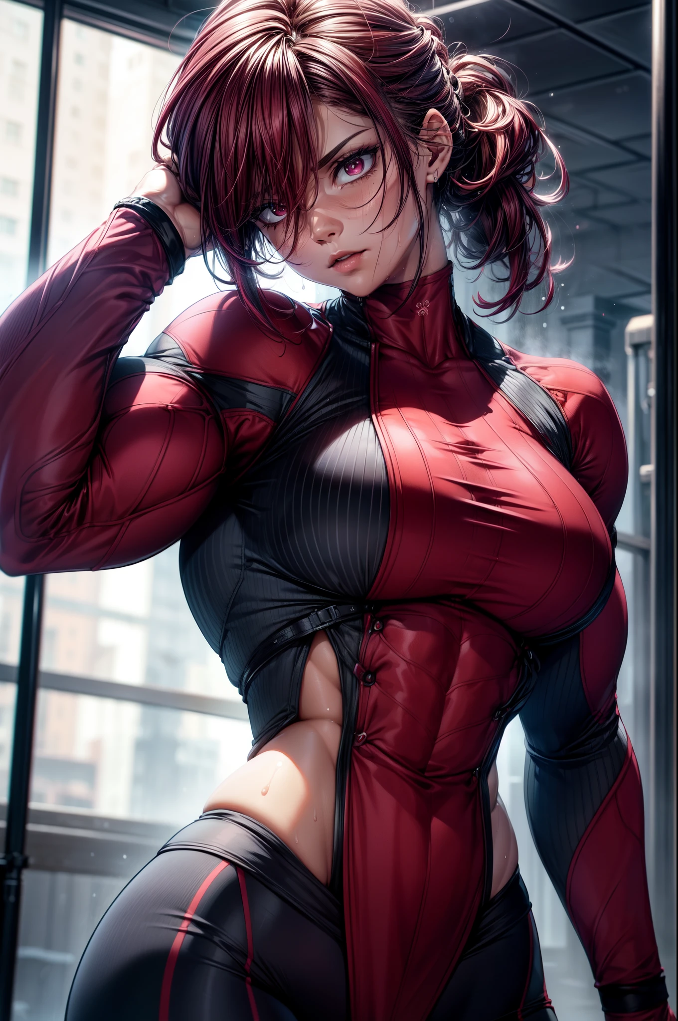 full_body, burgandy color, (extremely detailed CG unity 8k wallpaper,masterpiece, best quality, ultra-detailed), realistic illumination, realistic shadows, muscular and ripped, tight white gym clothes, intricate and complex detailing,short and tousled burgandy hair, droplets of sweat, sweaty gym atmosphere, sweating, fullbody