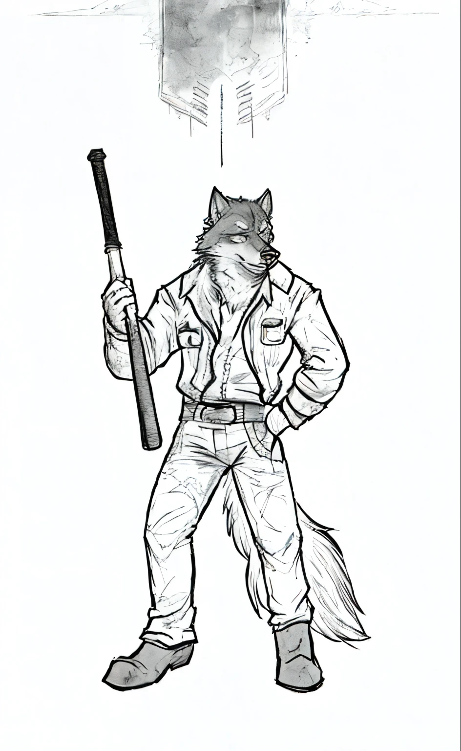 The painting is of a man wearing jeans、man holding baseball bat, creepy Explorer sketch, Explorer sketch, Post-apocalyptic scavenger, roughly artstyle, post-apocalyptic explorer, human wolf, as dnd role, old sketch, post apocalyptic cowboy, Being a badass monster hunter, roughly, low resolution, anthro concept art, heavy shadow