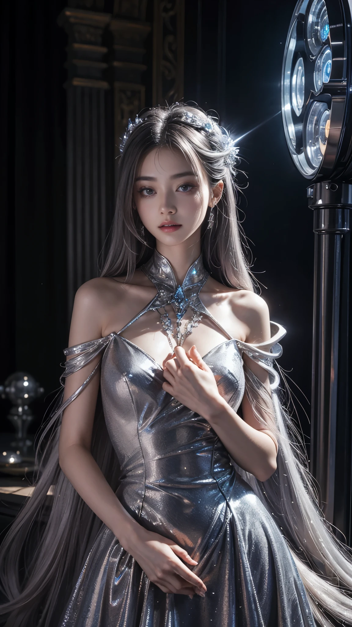 Full figure, seven -clinging shooting, 18 years old, wearing science fiction dress, exquisite faces, details, hands, ultimate details, amazing magnificence, LED internal lighting, Pedaipan style, fiber hair, glowing silver iris, glowing silver iris,