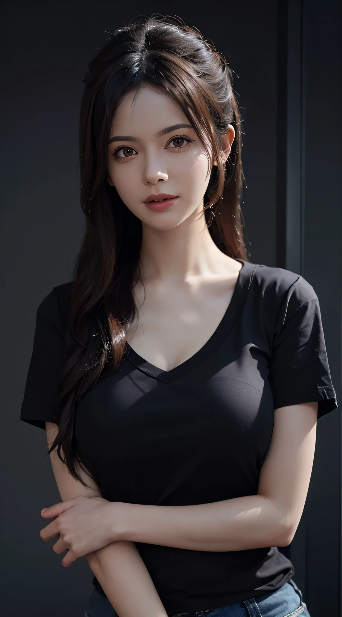 A woman in a black shirt and jeans posing for a picture - SeaArt AI