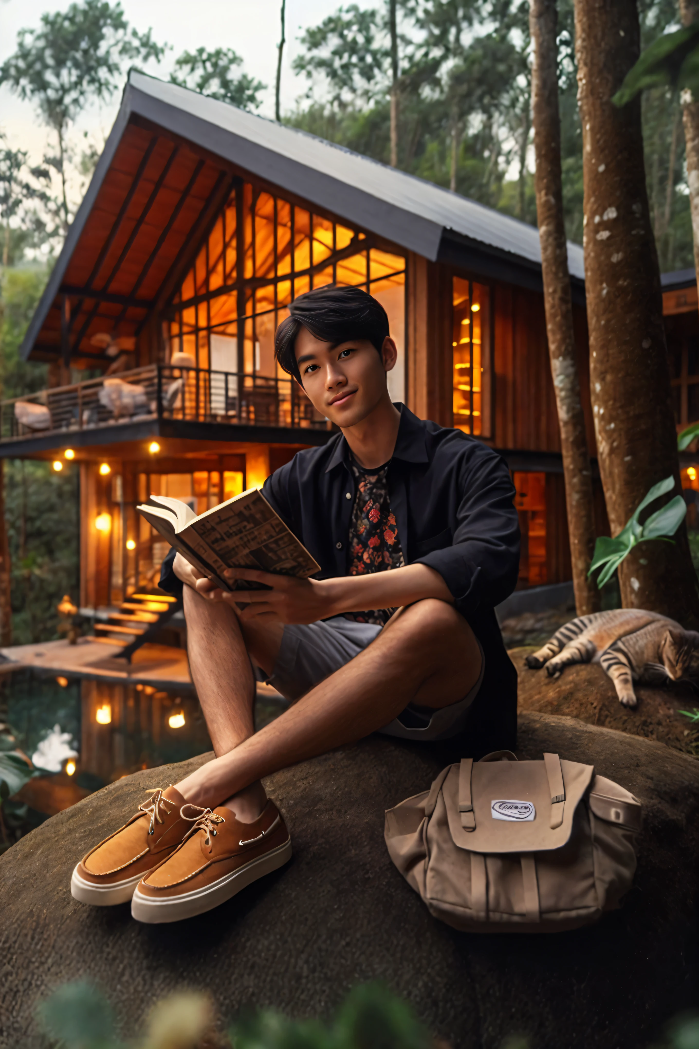 arafed man sitting on a rock reading a book in front of a house, mid shot portrait, medium shot portrait, inspired by Adam Dario Keel, medium portrait, fanart, portrait shot, ✨🕌🌙, by Byron Galvez, stood outside a wooden cabin, by Galen Dara, lookbook, by Aneurin Jones, by Basuki Abdullah