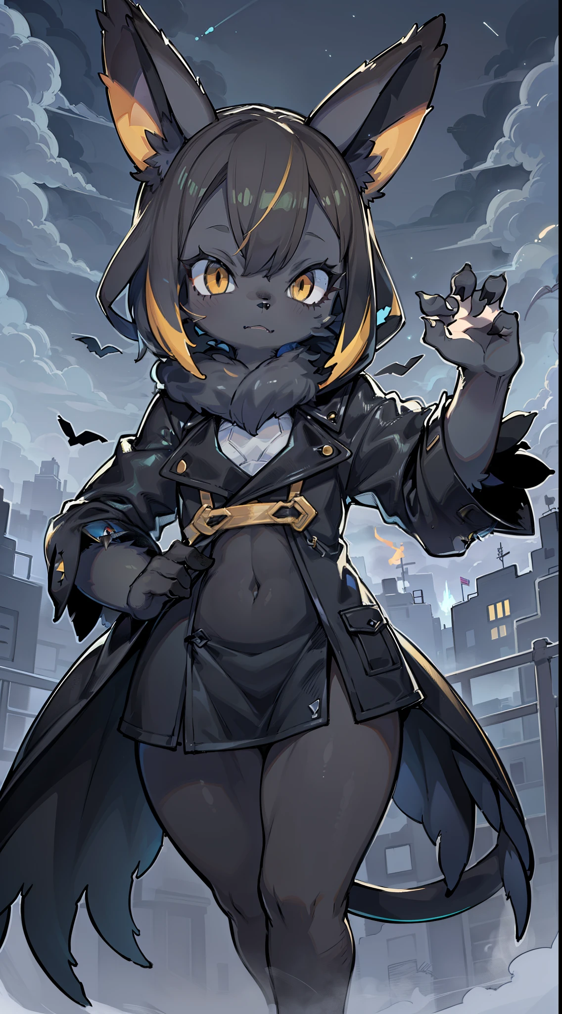 masterpiece, best quality, HD, ultra-detailed, vivid colors, Pokemon Umbreon, black Evee, Umbreon pokemon, Psychic pokemon, (furry:1.35), humanoid, humanization, anthropomorphic, on 2 legs, beautiful detailed yellow eyes, big yellow eyes, dark scary environment, scary color palette, ((black fur)), short black with yellow fluffy tail and ears, detailed black with yellow stripes hair color, beautiful short black with yellow stripes hair, ((black color cloth, cloth with mantle, fur coat:1.25)), yellow sparks floating around, scary pose, trying to scare, dark clouds in the sky
