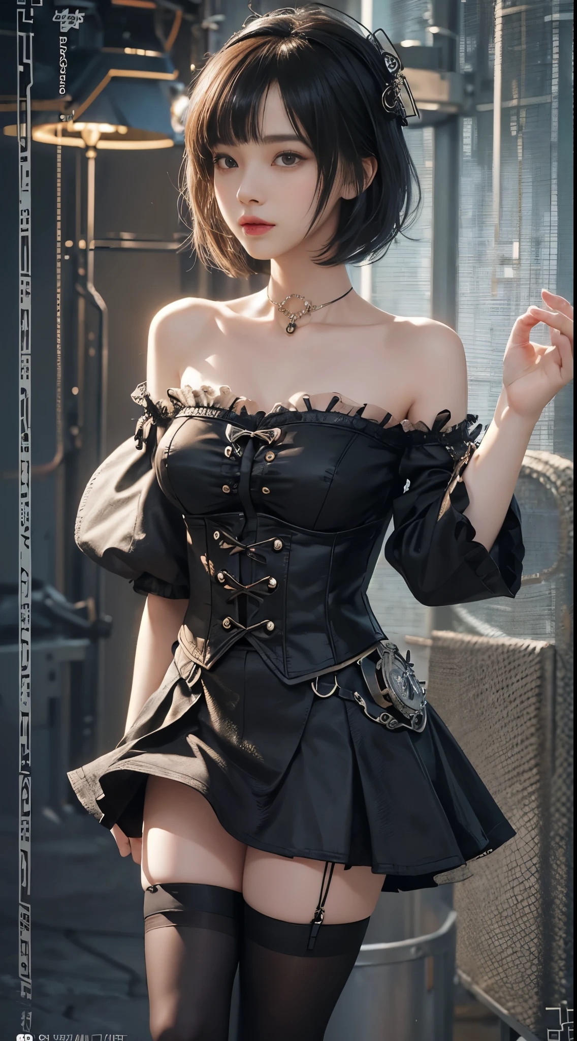 (((masterpiece, highest quality, Super detailed))), 1 female, (((very thin body))) , (((length, thin legs))), (((black short bob, thick fluffy bangs ))), (((highly detailed face))), No cosmetics, small and thin nose, thin mouth with small lips, (((Very sharp focused eyes))), Precise pale gray eyes with large slits, shine like a jewel, length eyelashes, ((Highly decorative intricate mechanical steampunk fashion, Lace Flare Mini Skirt, above the knee lace stockings, Lace Off Shoulder Lolita Fashion, Overly decorative fashion)), Abandoned Night, Complex mechanized steampunk factory catches fire and explodes, (((Overall accuracy has been dramatically improved, creating a Super detailed and realistic image))), super realistic photos.