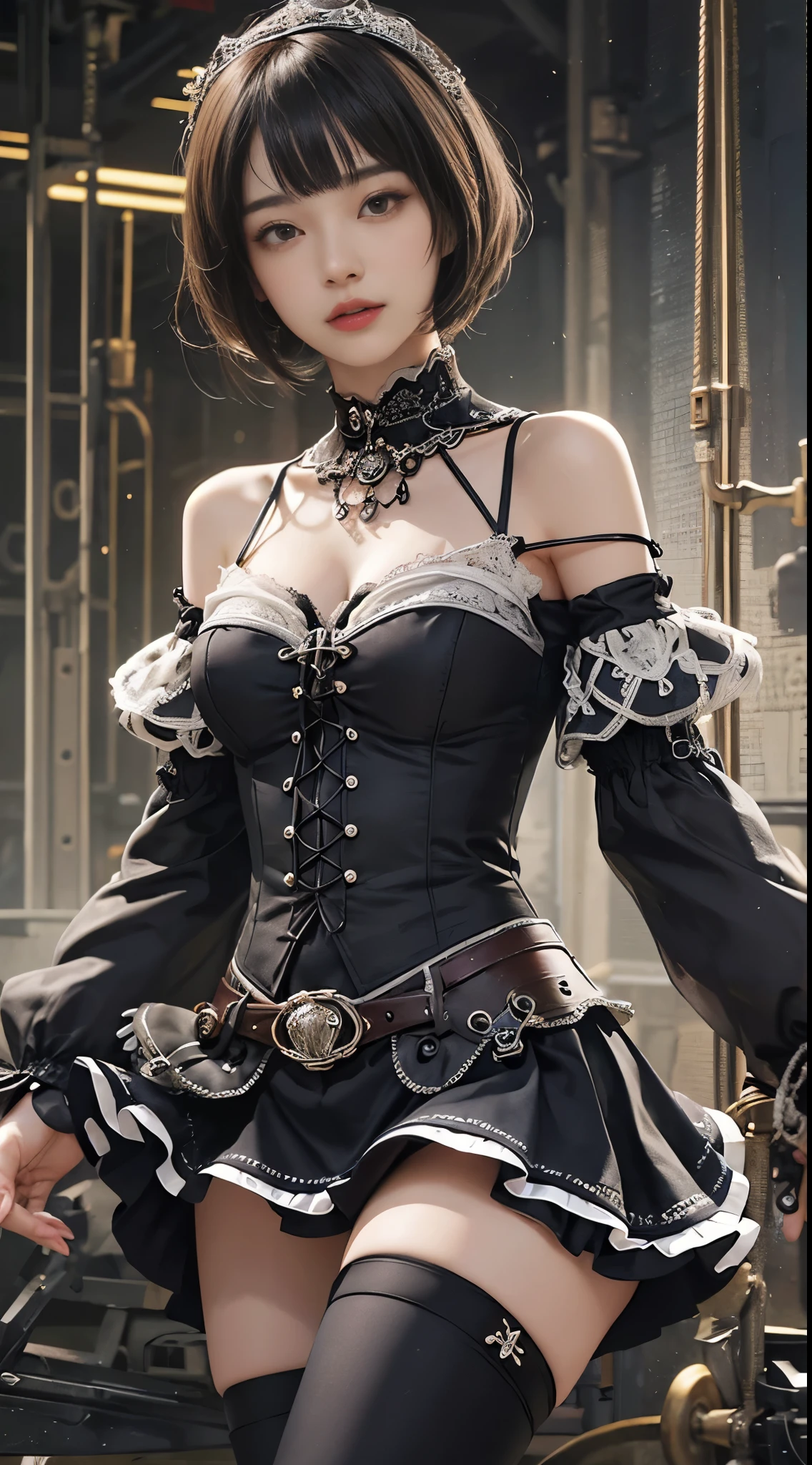 (((masterpiece, highest quality, Super detailed))), 1 female, (((very thin body))) , (((length, thin legs))), (((black short bob, thick fluffy bangs ))), (((highly detailed face))), No cosmetics, small and thin nose, thin mouth with small lips, (((Very sharp focused eyes))), Precise pale gray eyes with large slits, shine like a jewel, length eyelashes, ((Highly decorative intricate mechanical steampunk fashion, Lace Flare Mini Skirt, above the knee lace stockings, Lace Off Shoulder ta Fashion, Overly decorative fashion)), Abandoned Night, Complex mechanized steampunk factory catches fire and explodes, (((Overall accuracy has been dramatically improved, creating a Super detailed and realistic image))), super realistic photos.