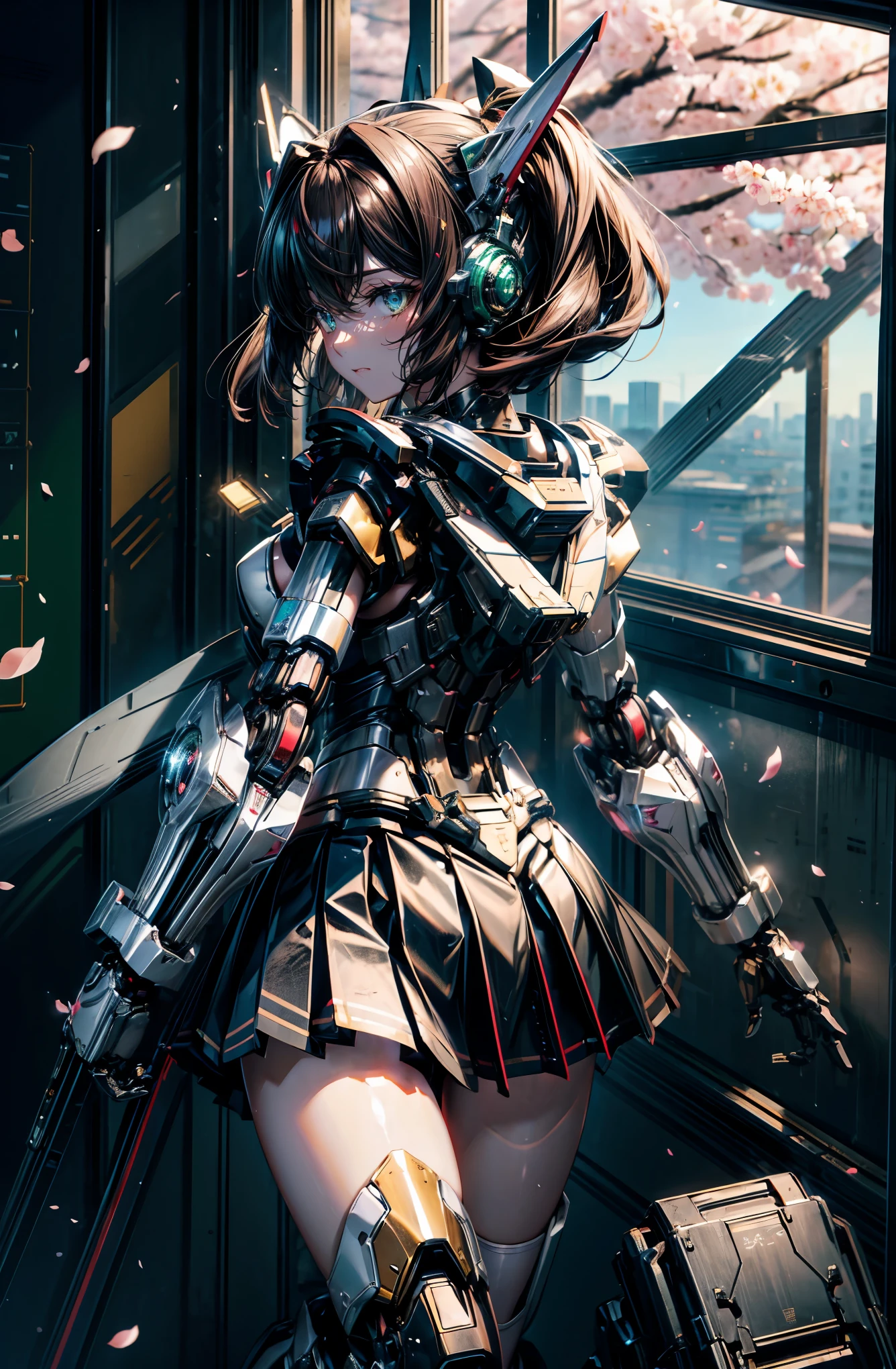 hyper quality、8K quality、High resolution、Image quality taken with a single-lens reflex camera、perfect anatomy、green eyes、Sad face、Mecha girl of justice、Beautiful girl with dark brown hair、big breasts、Mechanical parts with a three-dimensional feel、（exposed thighs、back:1.2）(Black pleated mini skirt、short white sailor suit 1.2)(Mechanical parts below the elbow and below the knee:1.3)BREAK、（perfect anatomy:1.4）(Looking back、backwards:1.4)BREAK(graduation ceremony、School、Inside the classroom where you can see cherry blossoms from the window)