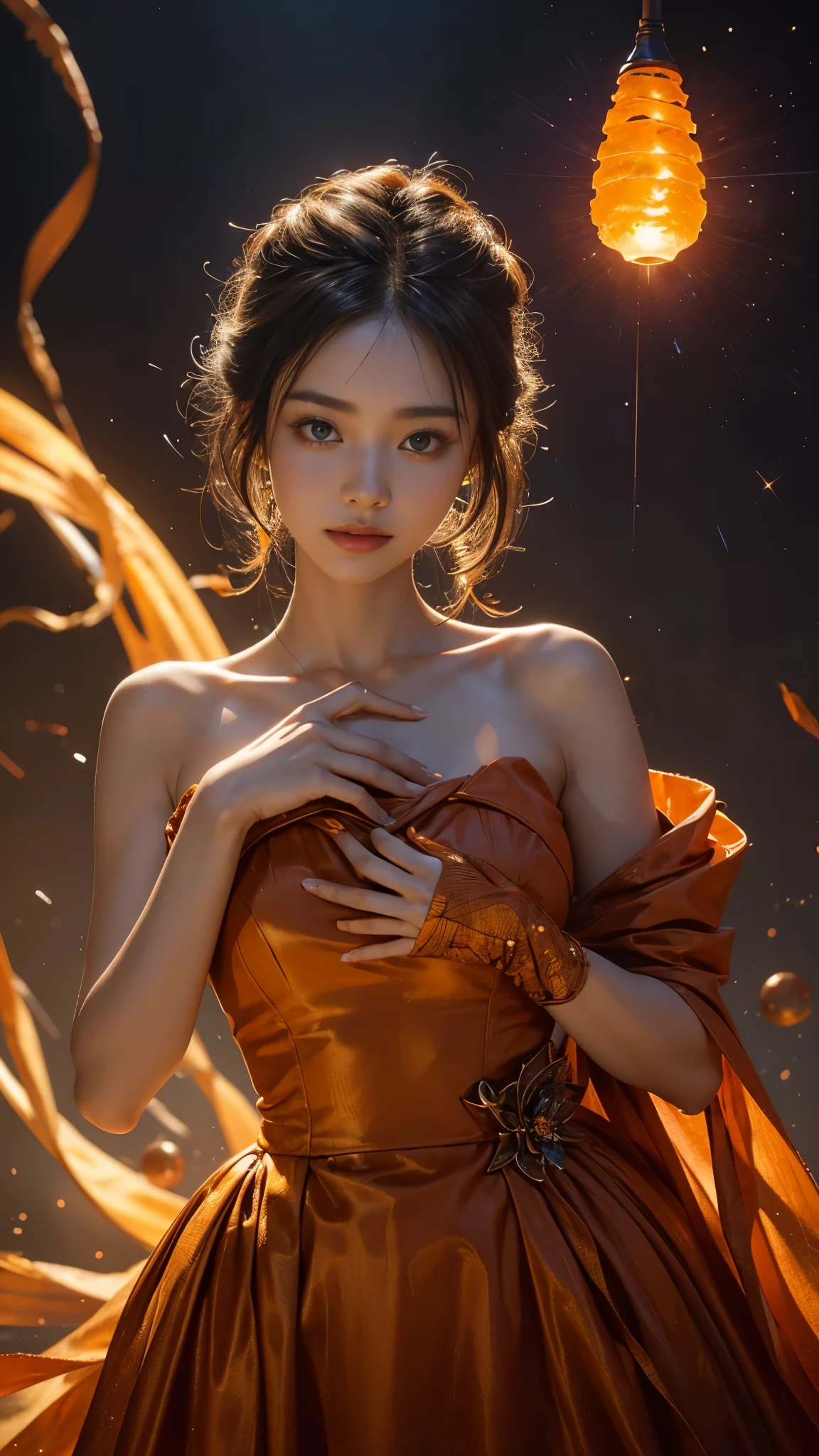 Full figure, seven -clinging shooting, 18 years old, wearing science fiction dress, exquisite faces, details, hands, ultimate details, amazing magnificence, LED internal lighting, Pedaipan style, fiber hair, glowing orange iris, glowing orange iris,