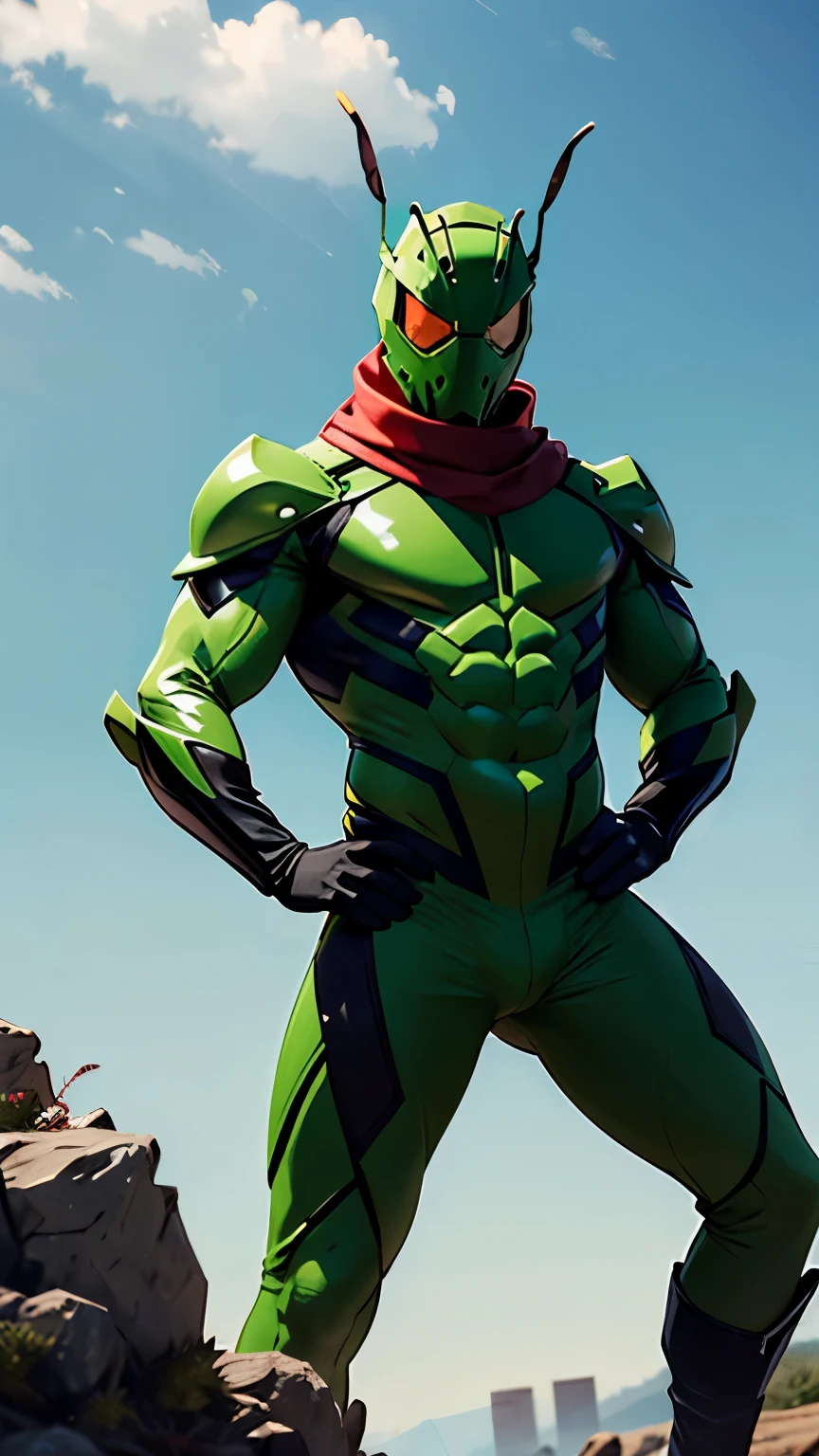 Hero, head covered with insect grasshopper head, green suit, red scarf around neck, green gloves on arms, green boots on legs, kick pose, sky in background, scarf is dominated, large red grasshopper eyes, costume is black rider suit, green protector on chest, green protector on belly,