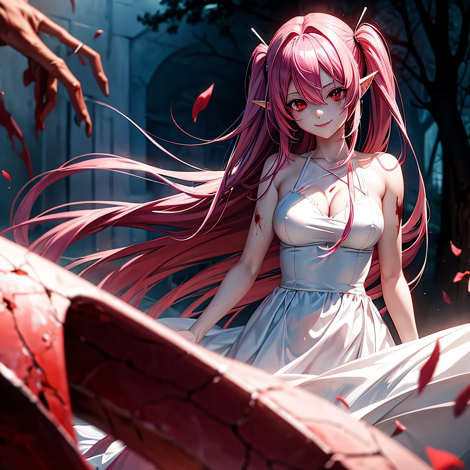 Lucy from elfenlied, - Pinkes Haar, red eyes - torn white dress - bloodstained hands - shadowy surroundings - distorted smile, Anime, dunkel, elfenlied Anime