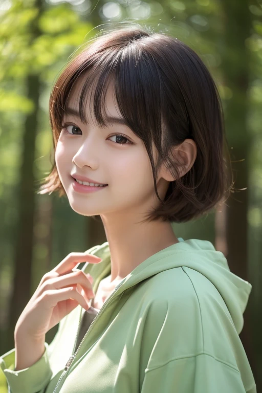 1 girl、Upper body、Close-up、laughter、、(8K、RAW photo、highest quality、masterpiece:1.2)、(realistic、photo realistic:1.37)、Delicate and detailed face、Japanese student、He is wearing a moss green windbreaker over a white sweatshirt.、(((best image quality))),small、fine skin, (beautiful hair), (perfection Anatomy), (realistic), (dynamic angle), seductive pose,perfection,sensual look、highest quality、High resolution、Fluffy shorthair、The background is a forest、