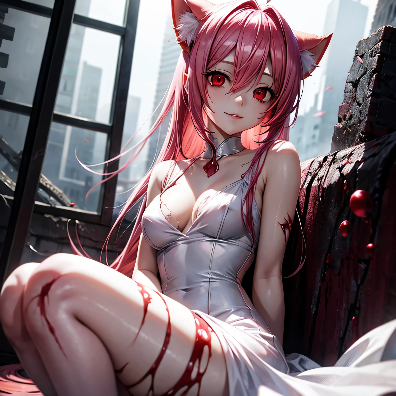 Lucy from elfenlied, - Pinkes Haar, red eyes - torn white dress - bloodstained hands - shadowy surroundings - distorted smile, Anime 