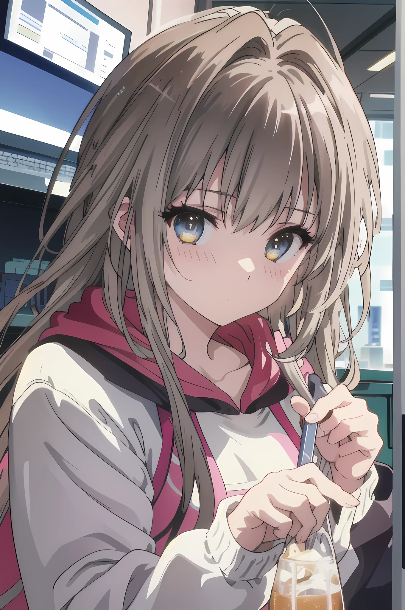 1girl, in 8K, top-quality, masterpiece, ultra-detailliert, Ultra-high resolution, blushing, wearing hoodie, looking at viewer,