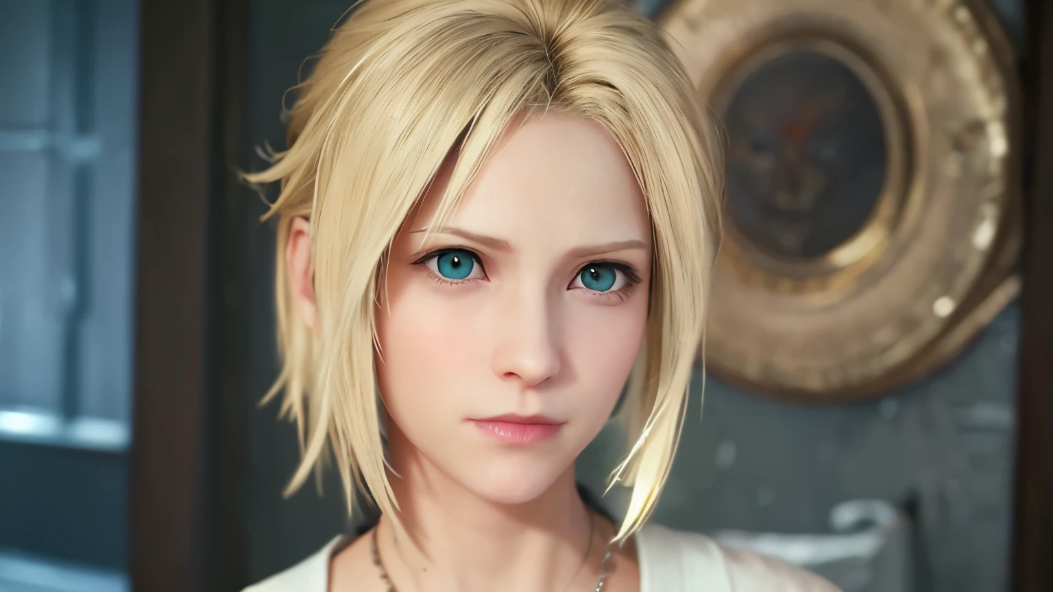 ff7r style, 1girl, female focus, solo, blonde hair, medium hair, icy eyes, medium hair, white shirt, portrait, SMILING, upper body, blurry background, realistic, necklace, light blonde hair, innocent eyes , ((masterpiece))