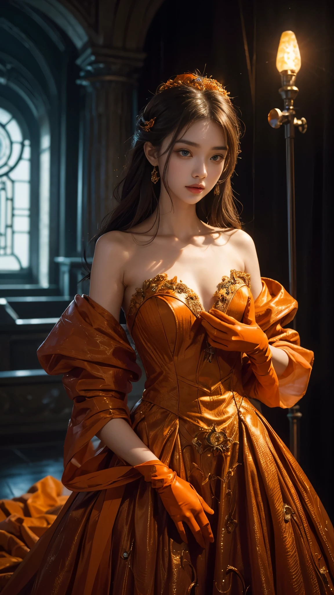 (Extremely meticulous CG),(((8k))),wallpaper,(Portrait above the chest:1.3),((Extremely refined and beautiful)),(((Masterpiece))),(((best qualtiy))),(((Ultra High Resolution))),beautiful light up,realistic shaded,(Smooth and flawless fair skin:1.5),(Extremely exquisite facial details:1.2),(ultra-detailed:1.5),((a beautiful girl,solo)),(shoulder length straight bob hair:1.3),(small head:1.2),(princess crown:1.2),(slender face:1.2),(Exquisite makeup:1.3),(smiling:1.2),(laughing:1.2),(blush:1.3),(perfect body:1.2),(earrings:1.2),(crystal necklace:1.3),(Bracelet:1.2),(Gorgeous red Gothic ruffled evening dress:1.5),((slim,thin)),(small breasts:1.2),(flat chests:1.2),(from front:1.3),(standing:1.3),(arms behind back:1.3),(In a luxurious hotel bedroom:1.5),(Extremely luxurious decoration:1.5),(warm neon lights:1.3),(indoor:1.2),(Cyberpunk style:1.3),(detailed background:1.5),(night scene:1.5),(upper body:1.3),