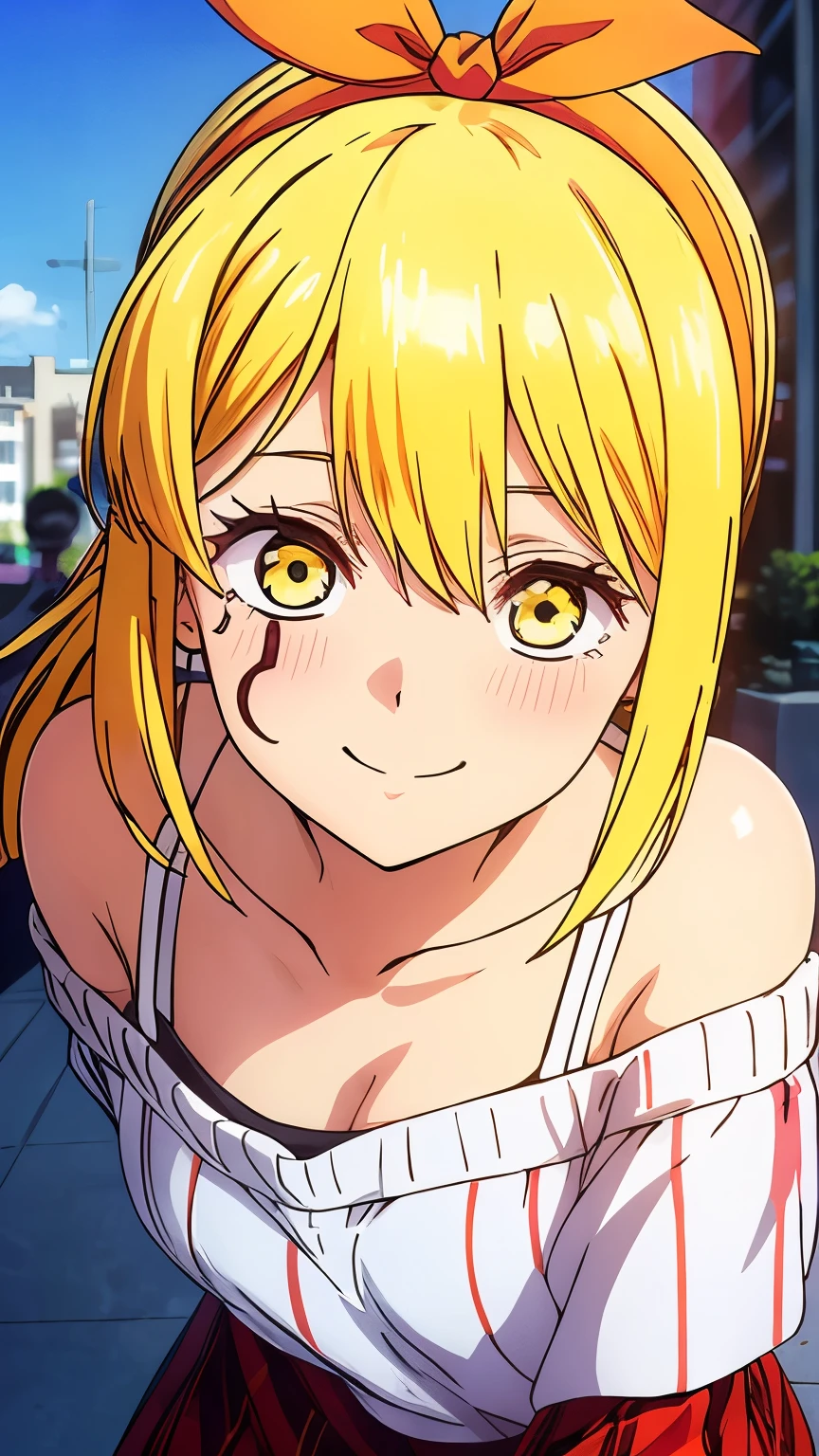 masterpiece, highest quality, 8K, ultra high resolution, highest quality, anime style, best writing, beautiful face, beautiful illustrations, 1 girl, alone、long hair, yellow eyes, (side ponytail:1.3), blonde, Bruises on the face, best smile, blush, (White off-shoulder knit:1.3), (plaid skirt:1.3), Hair scrunchies, best writing, city, In front of the station, In town, close, free pose, (extreme close up:1.1)