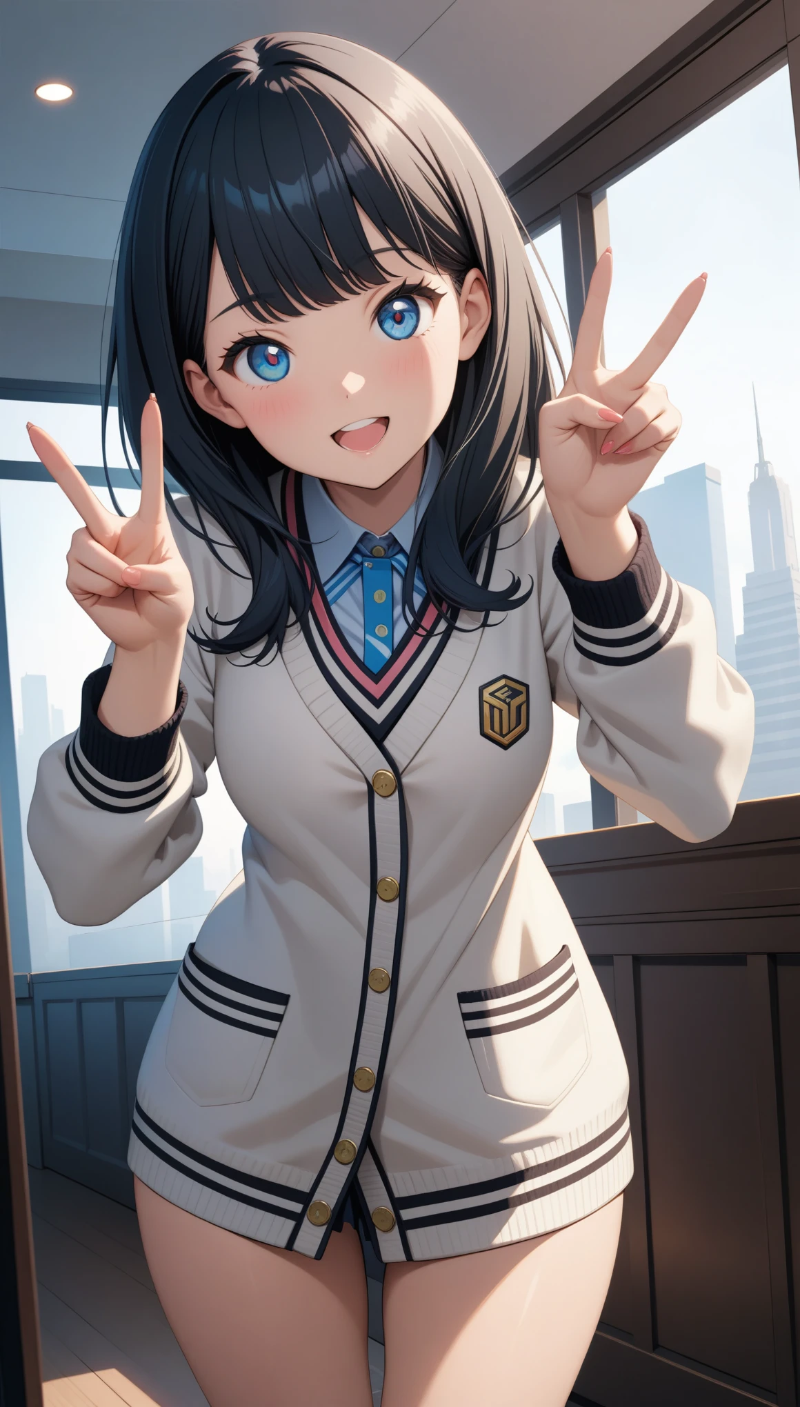 (masterpiece, best quality, very aesthetic, ultra detailed), intricate details,
1girl, takarada rikka, gridman universe, solo, standing, v pose, happy, looking at viewer, indoors, cinematic angle