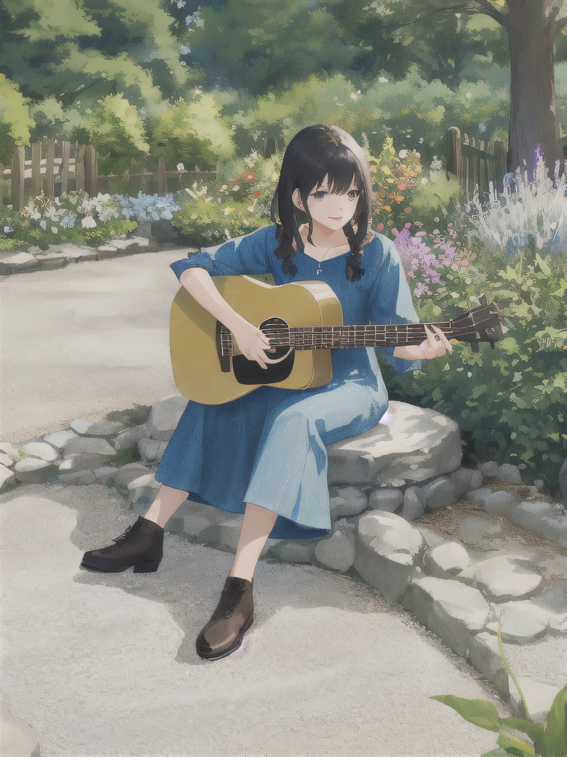 garden、nature、Woman Playing Guitar、black hair、medium hair