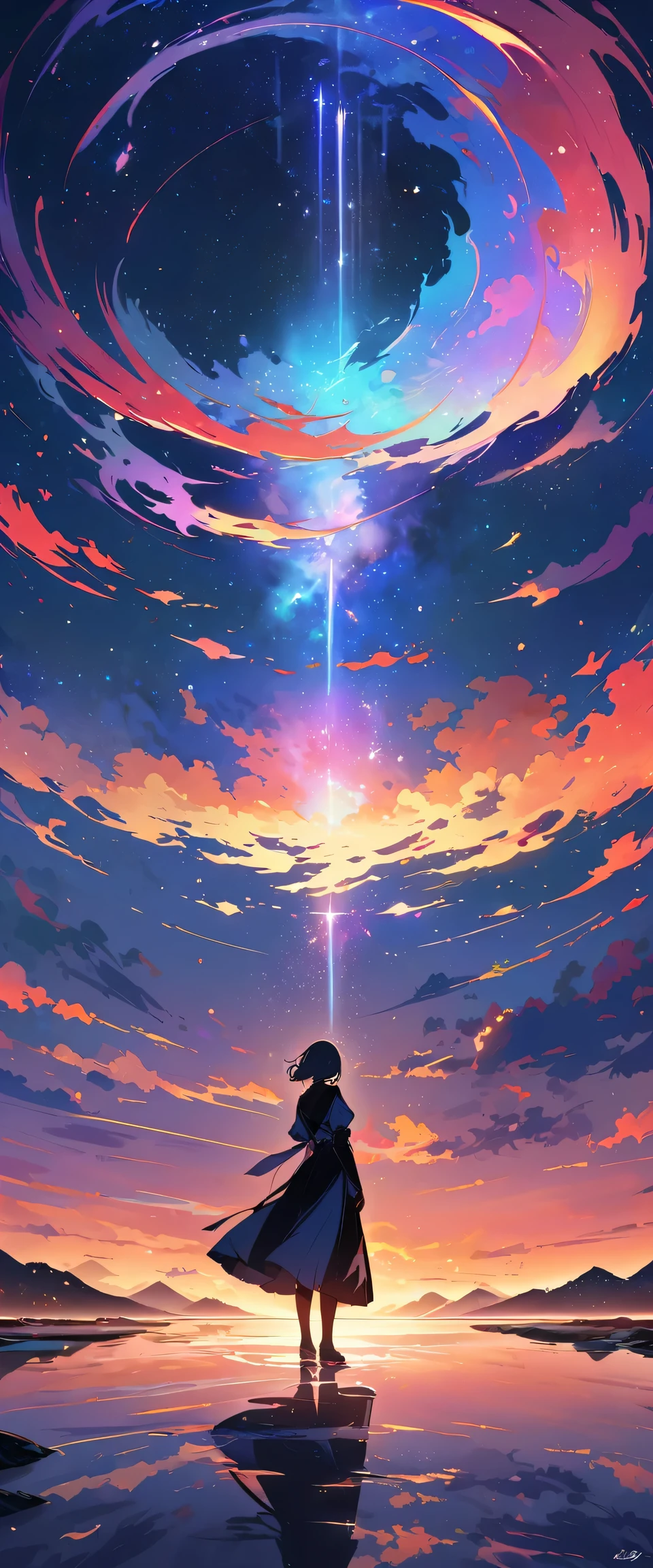 official art, unified 8k wallpaper, super detailed,  masterpiece, Best image quality，super wide angle，night，a woman，Standing by the salt lake，water is like a mirror，reflecting the sky。look up to the sky，Milky Way in the sky，Dynamic angle, grace, bright colors,