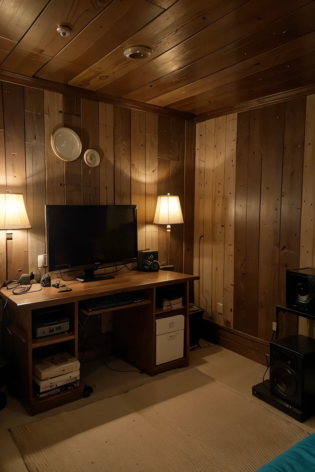 A room with a dark wooden desk with an RGB gaming PC then a panel with lights embedded in the ceiling suspended by cables, un petit canapé dans le coins de la pièce pour plus de confort, a room with wooden strips on a wall, et des tableaux style Japon nature. Tout sa est une pièce conçu pour le gaming, une gaming Room. Dans un style tropical