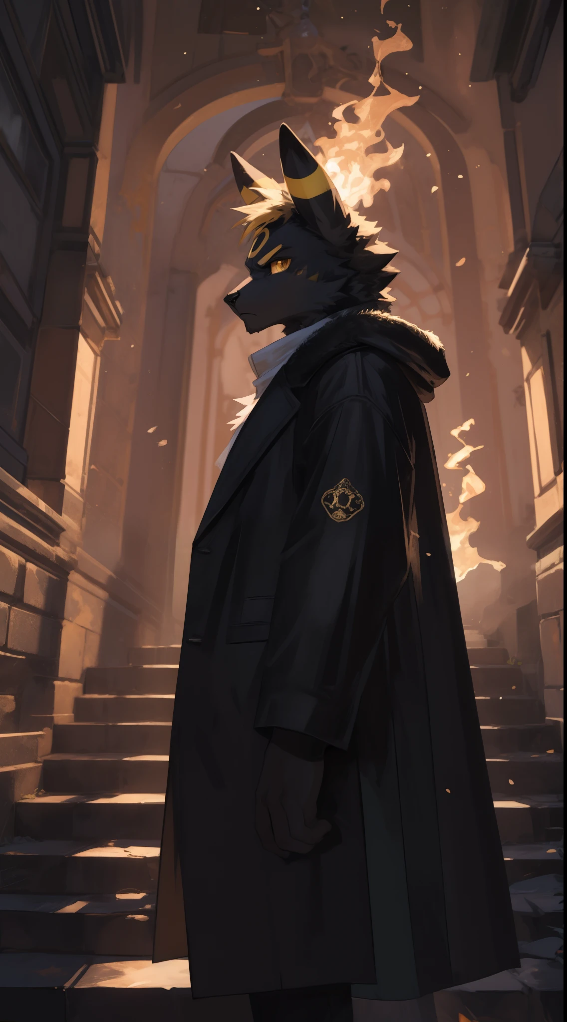 masterpiece, best quality, HD, ultra-detailed, vivid colors, Pokemon Umbreon, black Evee, Umbreon pokemon, Psychic pokemon, (furry:1.35), humanoid, humanization, anthropomorphic, on 2 legs, beautiful detailed yellow eyes, big yellow eyes, dark scary environment, scary color palette, ((black fur)), short black with yellow fluffy tail and ears, detailed black with yellow stripes hair color, beautiful short black with yellow stripes hair, ((black color cloth, cloth with mantle, fur coat:1.25)), yellow sparks floating around, angry pose, dark clouds in the sky