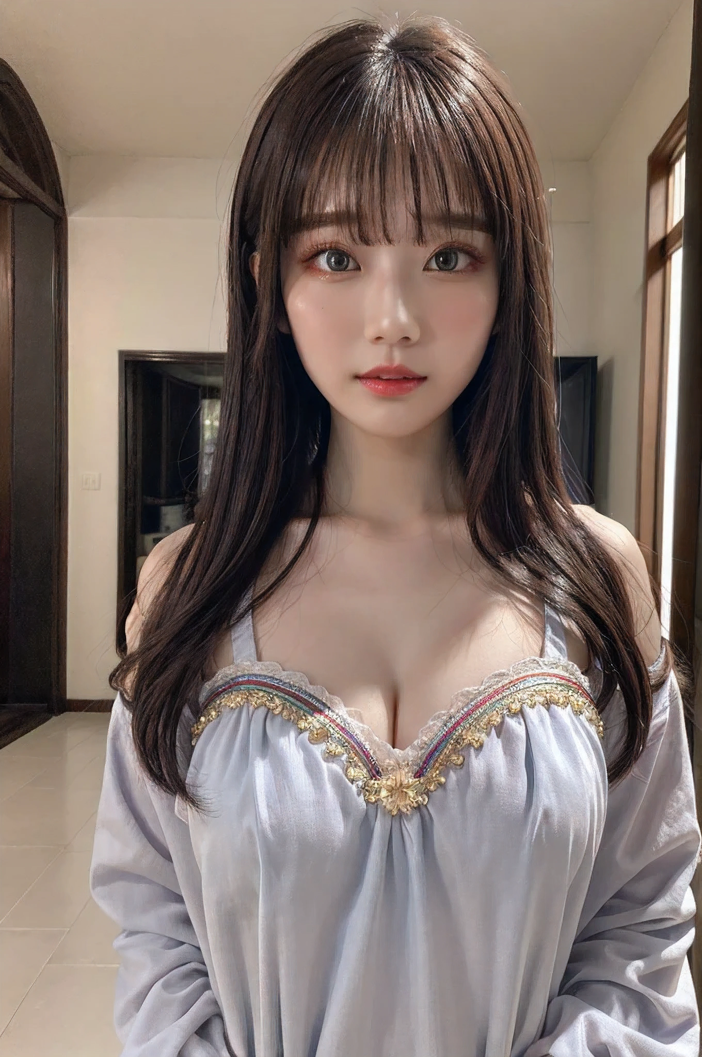 ((masterpiece)), ((best quality)), (ultra-detailed), ((extremely detailed)), 4K, (8K), best quality, (beautiful)0, sacred place, night, a cute girl, 1girl, solo, aristocratic costume, royalty, beautiful rainbow hair0, ((beautiful eyes)), large breast, cool