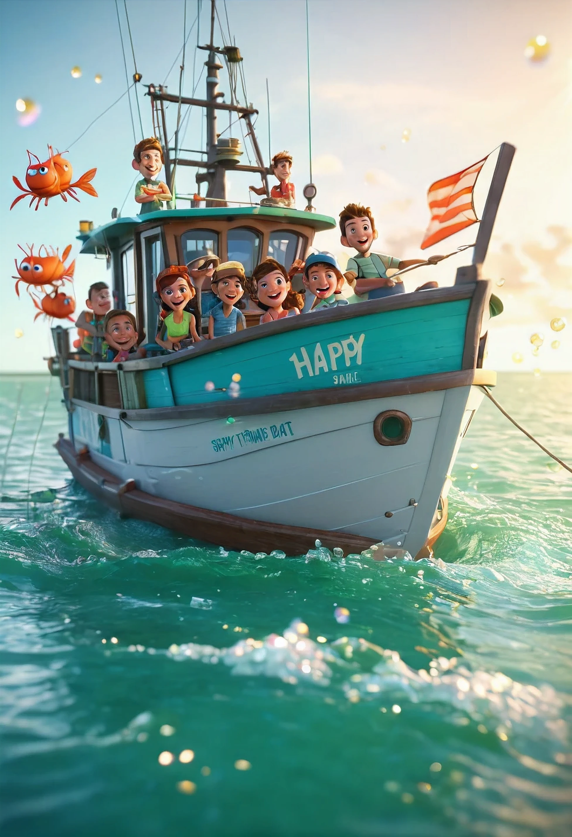3d cartoon animation of a#
happy crew on a shrimp boat in the Gulf of Mexico, inspired by Disney and Pixar Animation, bokeh -ar
4:5-v 6.0-s 500 -style raw