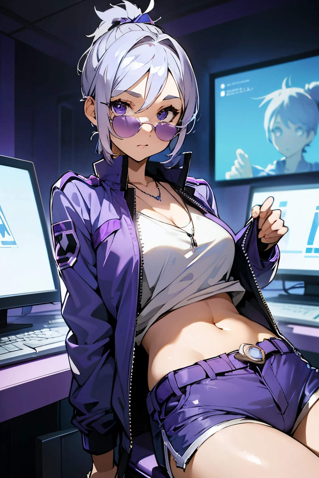 Silver hair short cut ponytail with blue-purple ribbon, anime eyes, blue-purple sunglasses on forehead, blue-purple blouson, white belt, blue-purple shorts, alloy necklace, exposed belly button, upward gaze, cheeky expression, look at me, futuristic computer room, background blur