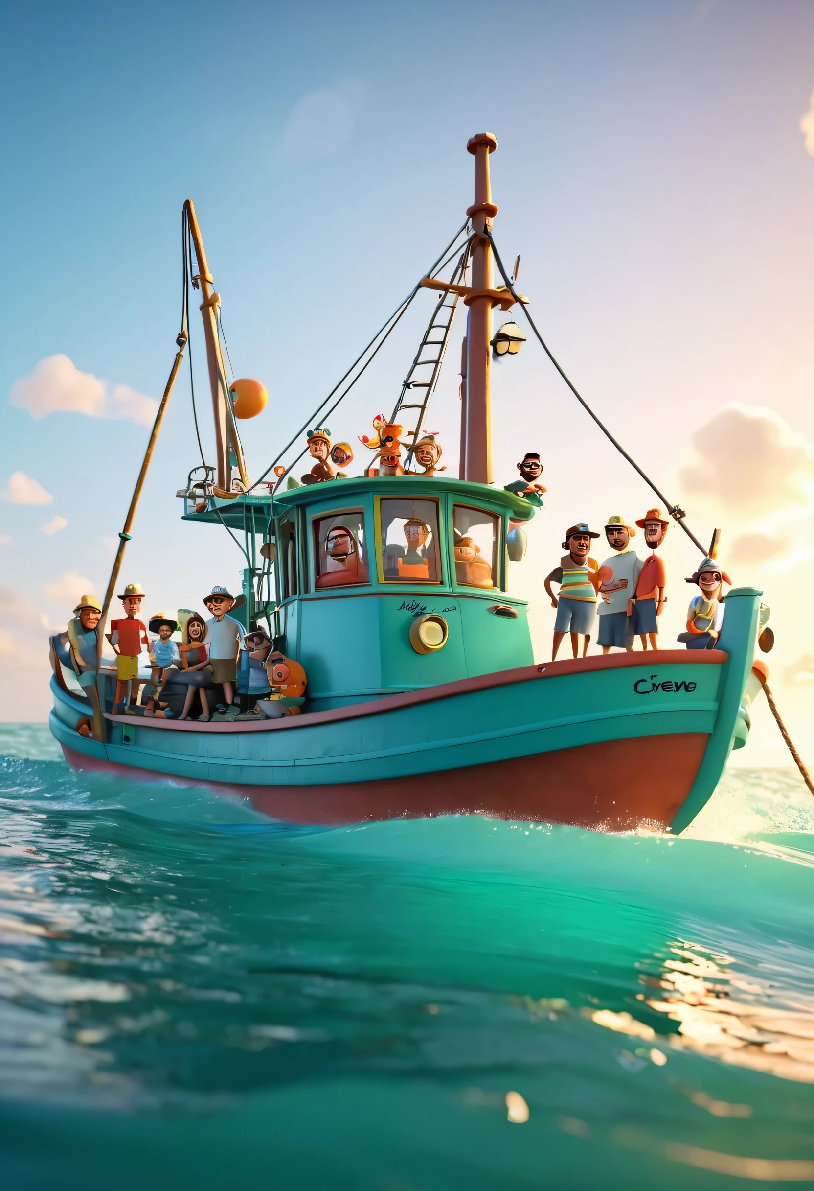 3d cartoon animation of a#
happy crew on a shrimp boat in the Gulf of Mexico, inspired by Disney and Pixar Animation, bokeh -ar
4:5-v 6.0-s 500 -style raw