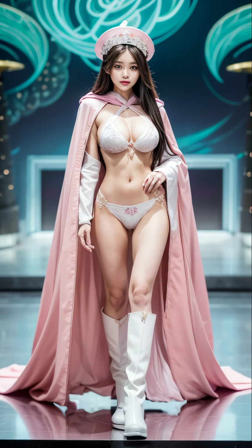 beautiful and delicate woman,The details of the eyes and face are very rich, exquisite eyes, super detailed, High resolution, The content is very detailed,best quality,EnLightenment,Unite,8k wallpaper,masterpiece,best quality,imagine,1 girl,China costume, Wear sexy white bikini armor,metal style, big breasts, high-cut underwear, high waist underwear,盔甲有圖案metal style的, yellow priest cloak,priest hat,standing posture,long legs,Put on pink blue and white boots,look at the audience,Face the audience,flowing long hair,Surreal 8000g,Impeccable,masterpiece,professional artwork,famous artwork,Light,movie bloom,perfect face,pretty face,fantasy,Dreamy and magical,not real,intricate details,Exquisite pattern…Korean woman’s face