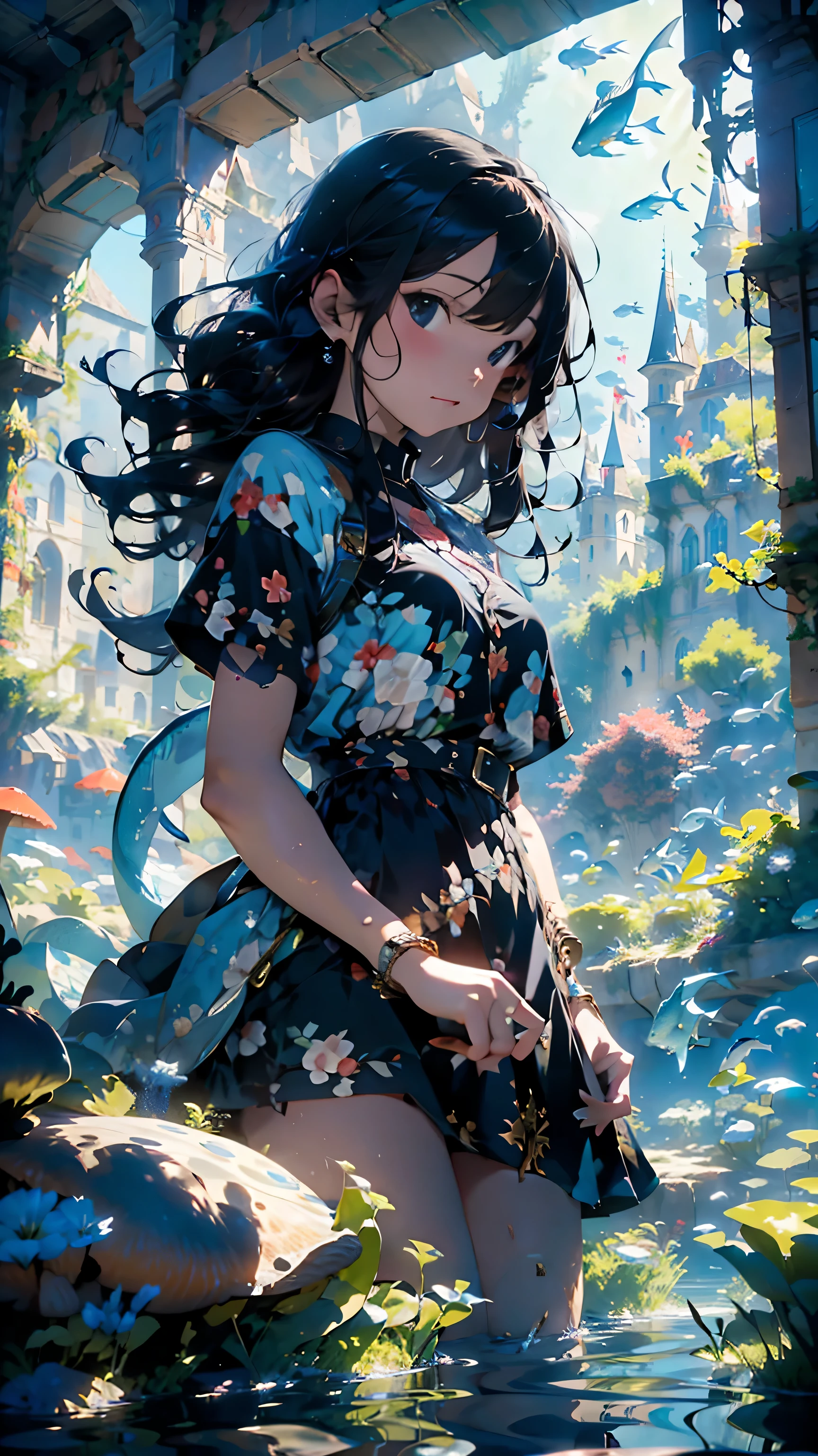 (8k UHD Resolution), (Ultra Detailed), (Fantasy), A Gorgeous Black Haired Caucasian Goddess Underwater Surrounded By A Sea Dragon, (Atmospheric), (Whimsical), (Dynamic Lighting), ((The Background A Very Detailed Magnificent Castle)), Natural Sea Life, (Large Magical Mushrooms), Underwater world, gb