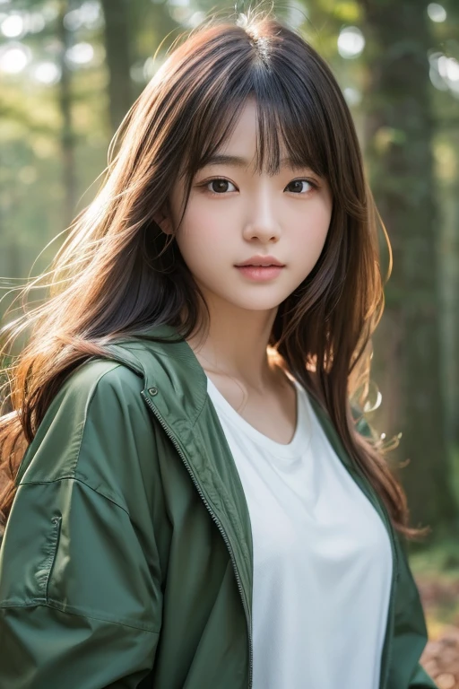 1 girl、Upper body、Close-up、laughter、、(8K、RAW photo、highest quality、masterpiece:1.2)、(realistic、photo realistic:1.37)、Delicate and detailed face、Japanese student、He is wearing a moss green windbreaker over a white sweatshirt.、(((best image quality))),small、fine skin, (beautiful hair), (perfection Anatomy), (realistic), (dynamic angle), seductive pose,perfection,sensual look、highest quality、High resolution、fluffy long hair、The background is a forest、cold、cold、