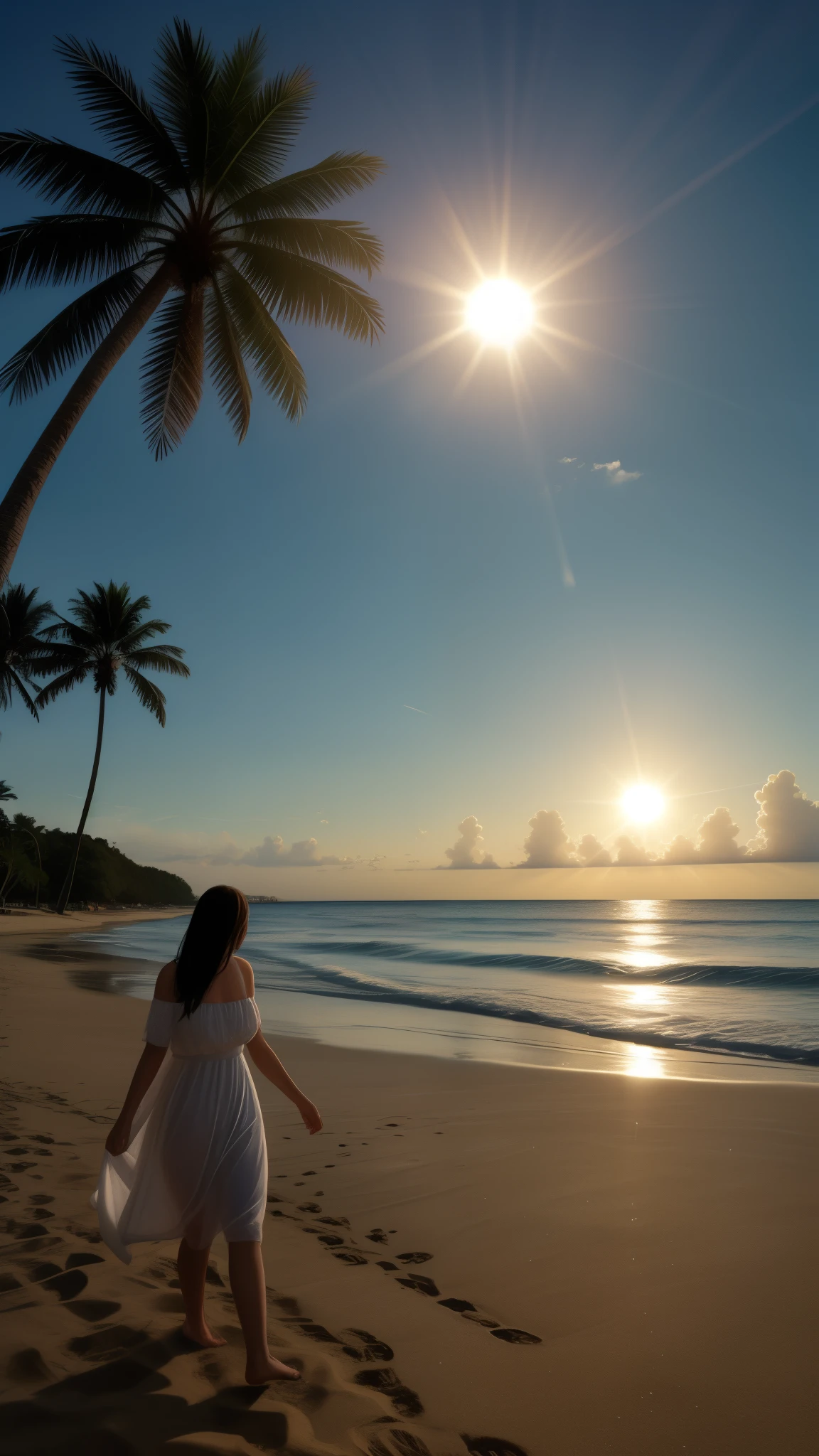 (masterpiece, best quality:1.2), Vertical photo with ultra wide-angle lens, an adult woman wearing a resort dress is walking on the sandy beach, her head is in the center of the screen, her feet are at the bottom of the screen, The sun is shining at the top of the screen, A row of palm trees can be seen in the distance, The shadows are created by correctly tracing the sunlight. photorealistic, photographic style,