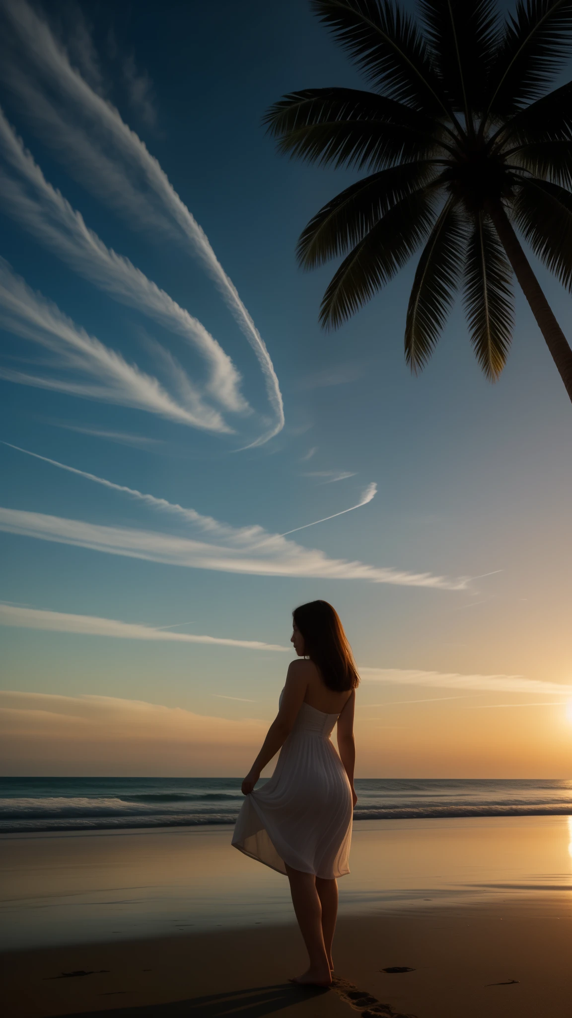 (masterpiece, best quality:1.2), Vertical photo with ultra wide-angle lens, an adult woman wearing a resort dress is walking on the sandy beach, her head is in the center of the screen, her feet are at the bottom of the screen, The sun is shining at the top of the screen, A row of palm trees can be seen in the distance, The shadows are created by correctly tracing the sunlight. photorealistic, photographic style,