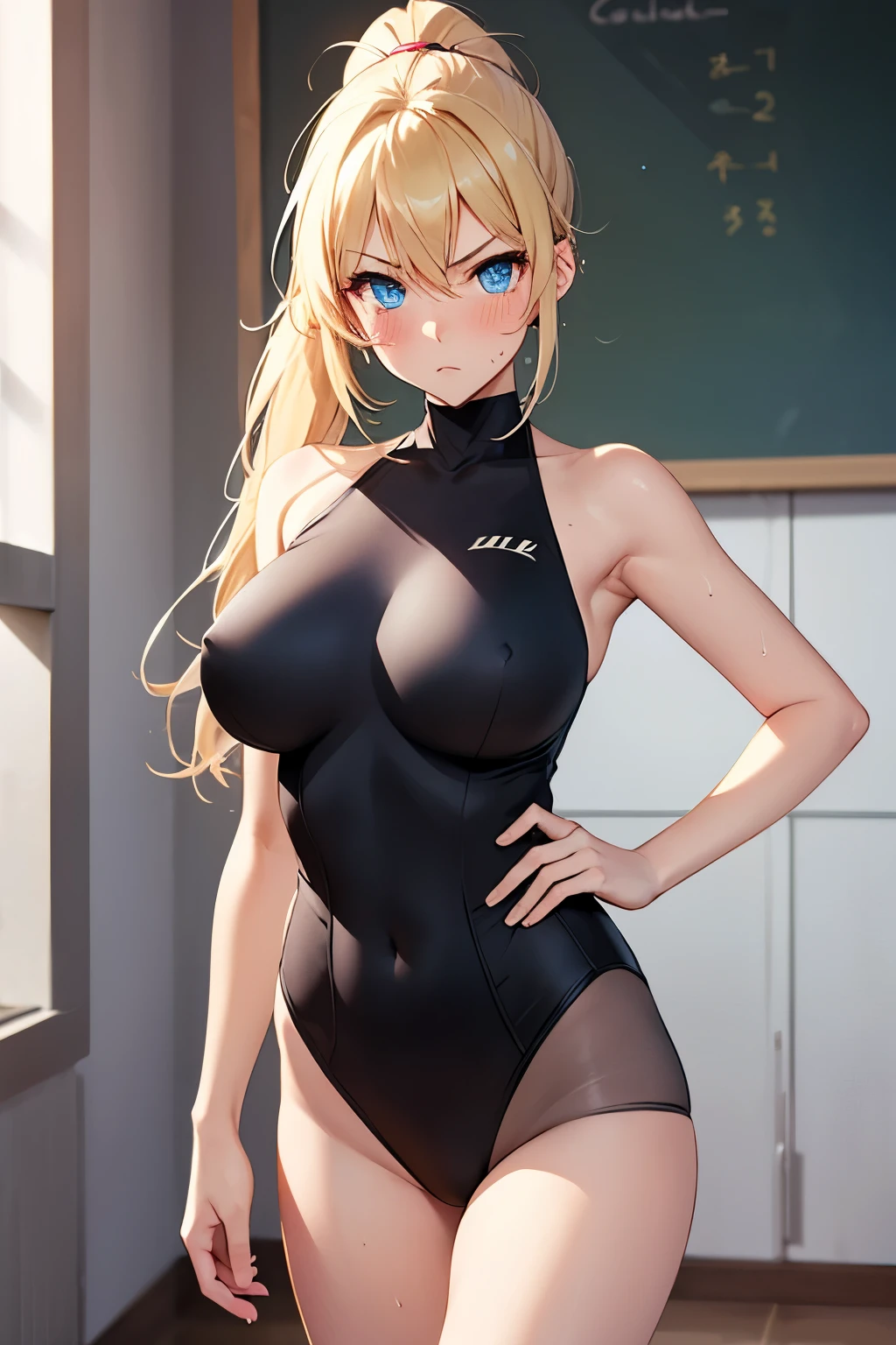 1 girl,blue eyes, blonde,ponytail, big breasts,black leotard,barefoot,Super High Leg Cut, Are standing, serious face,blush,Sweat,primary school