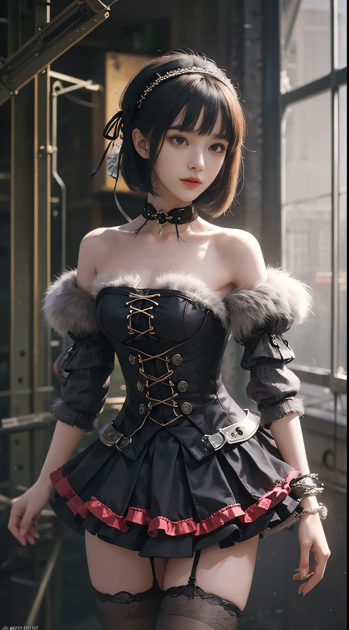 (((masterpiece, highest quality, Super detailed))), 1 female, (((very thin body))) , (((length, thin legs))), (((black short bob, thick fluffy bangs ))), (((highly detailed face))), No cosmetics, small and thin nose, thin mouth with small lips, (((Very sharp focused eyes))), Precise pale gray eyes with large slits, shine like a jewel, length eyelashes, ((Highly decorative intricate mechanical steampunk fashion, Lace Flare Mini Skirt, above the knee lace stockings, Lace Off Shoulder ta Fashion, Overly decorative fashion)), Abandoned Night, Complex mechanized steampunk factory catches fire and explodes, (((Overall accuracy has been dramatically improved, creating a Super detailed and realistic image))), super realistic photos.