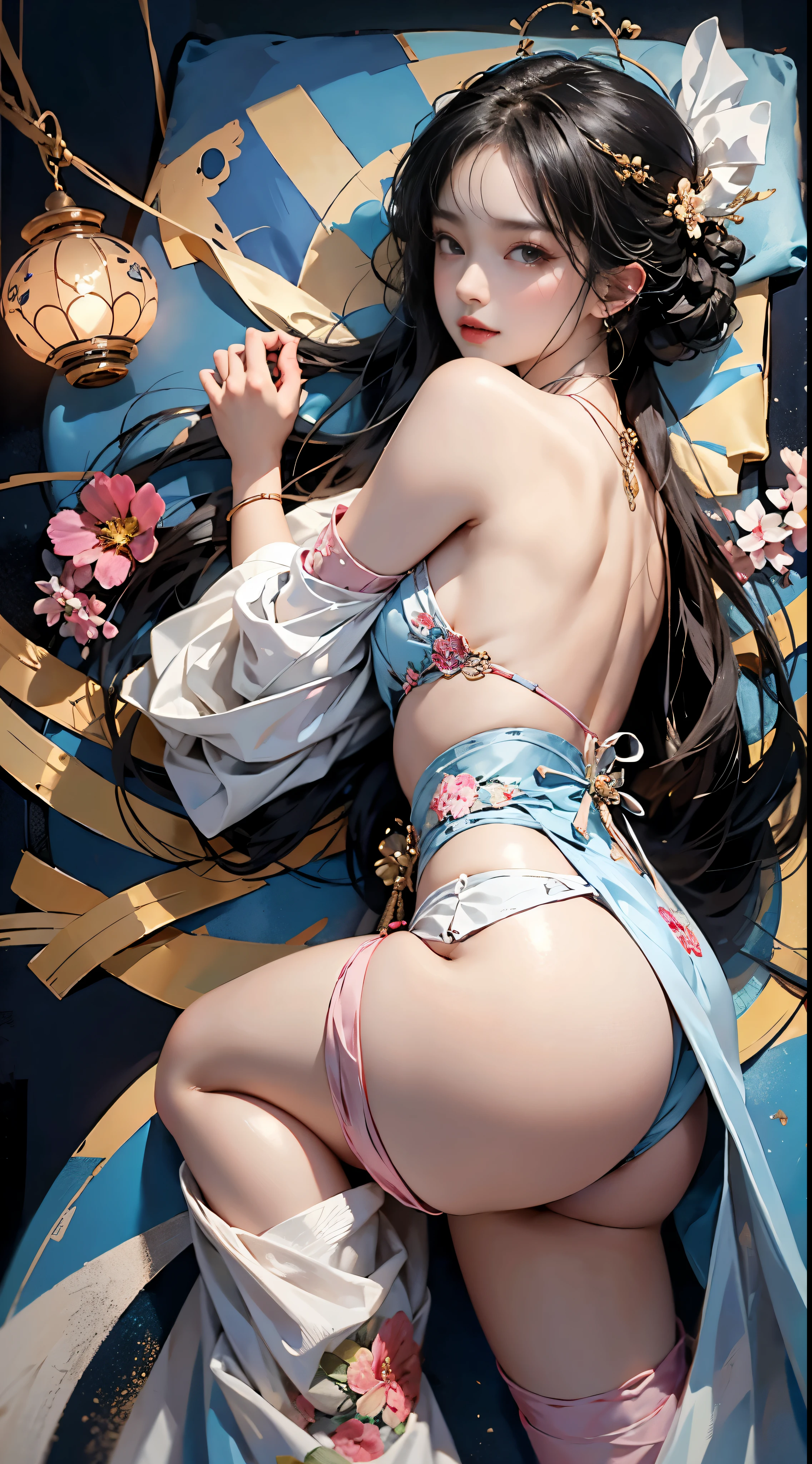 ((highest quality)),((excellent quality, 8K, masterpiece: 1.5)), The genitals are clean: 1.4, perfect body beauty: 1.4, sexy hanfu clothes,sexy hanfu clothes,I can see your pants,gray hair,wet skin, sleeping in bed,back stance,pointy butt,round butt,pointy butt,raise your butt,film texture,