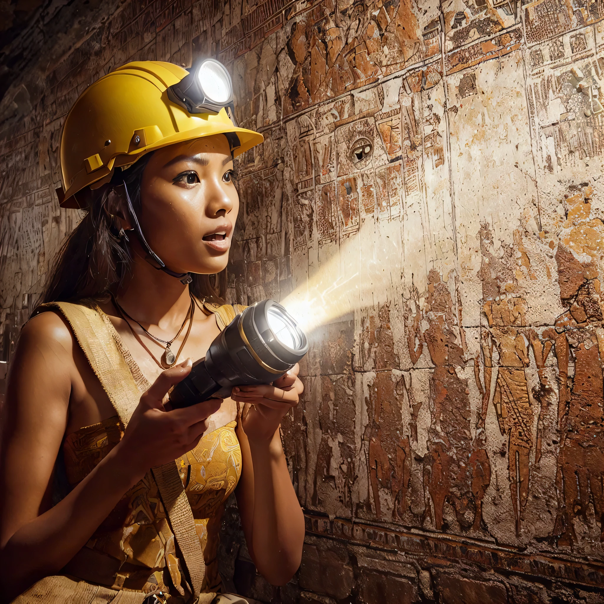 realistic image of Inside the pyramid walls our Drawings of ancients printed on the walls of a cave. An Indonesia beautiful woman wearing a yellow helmet holding a flashlight this shines on the wall drawings, she has an incredibly surprised look on her face, cinematic, ultra HD, hyperrealistic, very detailed, photography