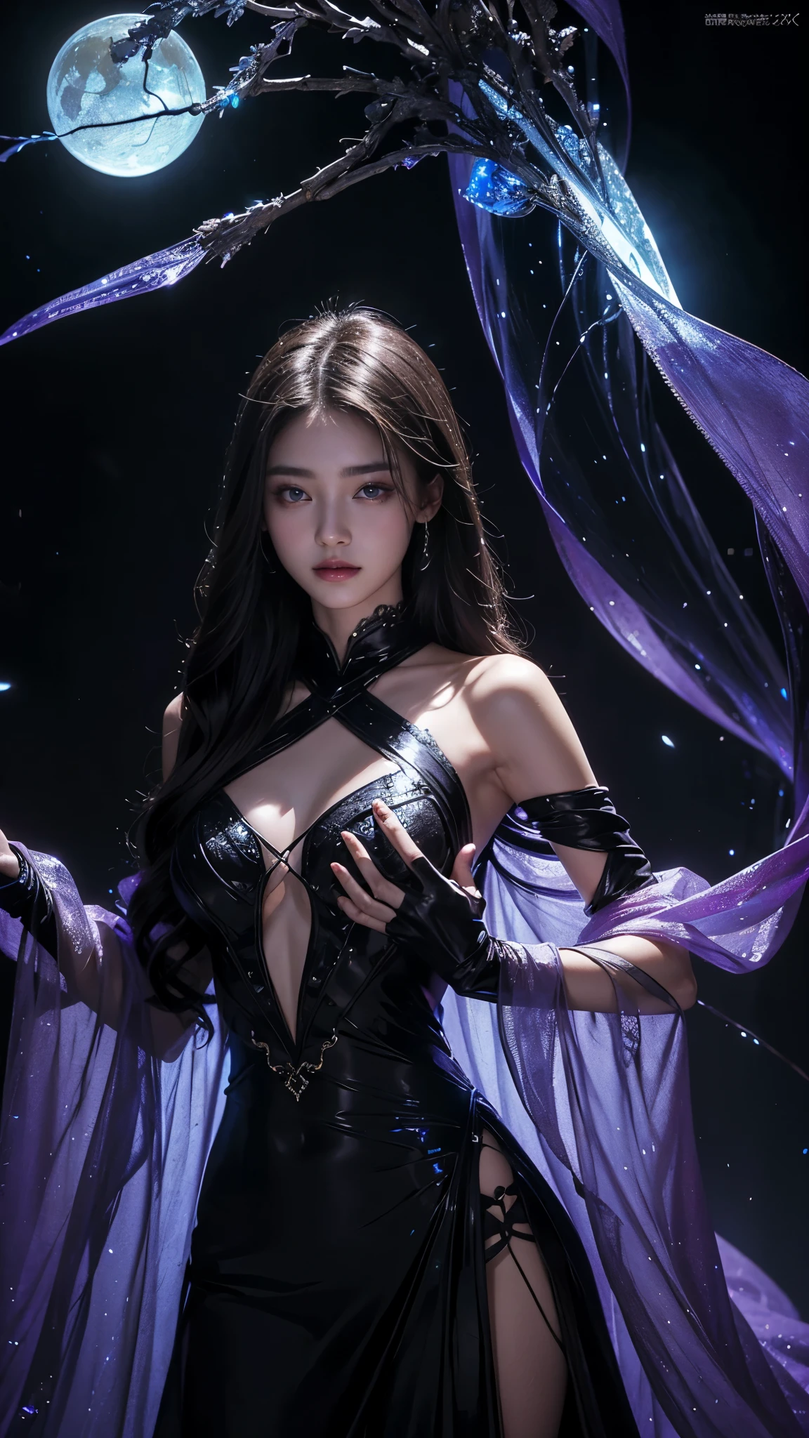 Full figure, seven -clinging shooting, 18 years old, wearing transparent science fiction dress, exquisite faces, details, hands, ultimate details, amazing magnificence, LED internal lighting, Pedaipan style, fiber hair, glowing black iris, glowing black iris,