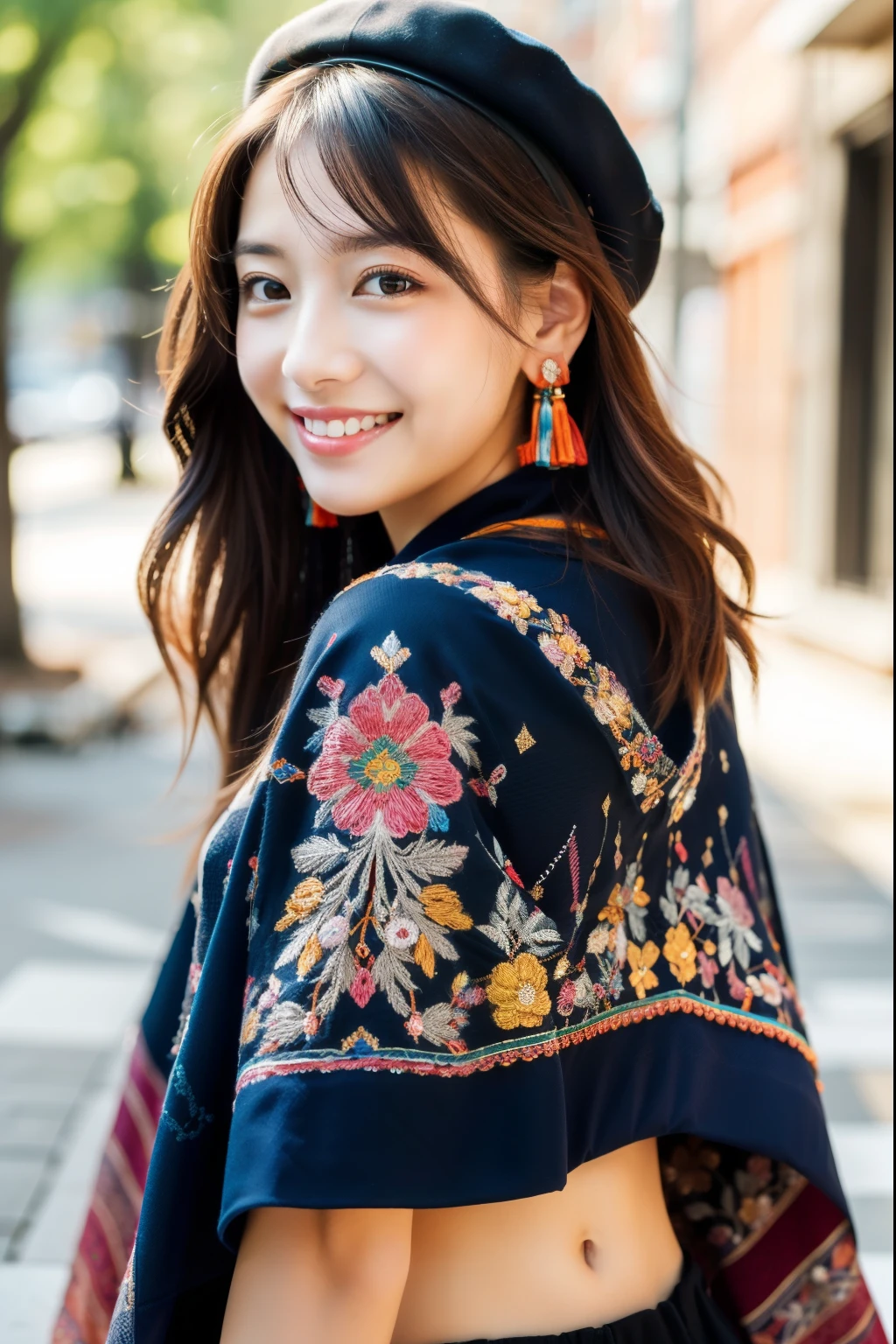 ulzzang-6500-v1.1,(masterpiece, highest quality:1.3), (Ultra-detailed 8K:1.2), (hyperrealistic:1.35),(Raw photo:1.2),highest quality, High resolution, wallpaper, realistic, ,rending with ArtStation, Trending on CGsociety, sharp focus, (dramatic, Realistic painting art by Midjourney:1.3)
BREAK
(Japanese women:1.3), 18 years old, (bewitching smile:1.3), action, gravure, sexy, super beautiful, beautiful skin, beautiful and detailed eyes, detailed face, slim, Moderately, clean long hair, brunette hair, dark brown eyes, look at the camera, (full shot:1.3),
BREAK
(Colorful bohemian poncho with intricate ethnic embroidery:1.4) paired with (simple black leggings:1.2) and (leather ankle boots:1.1). Accessorized with (beaded tassel earrings:1.3), (a stack of mixed metal bangles:1.2), and (a wide-brimmed felt hat:1.0).